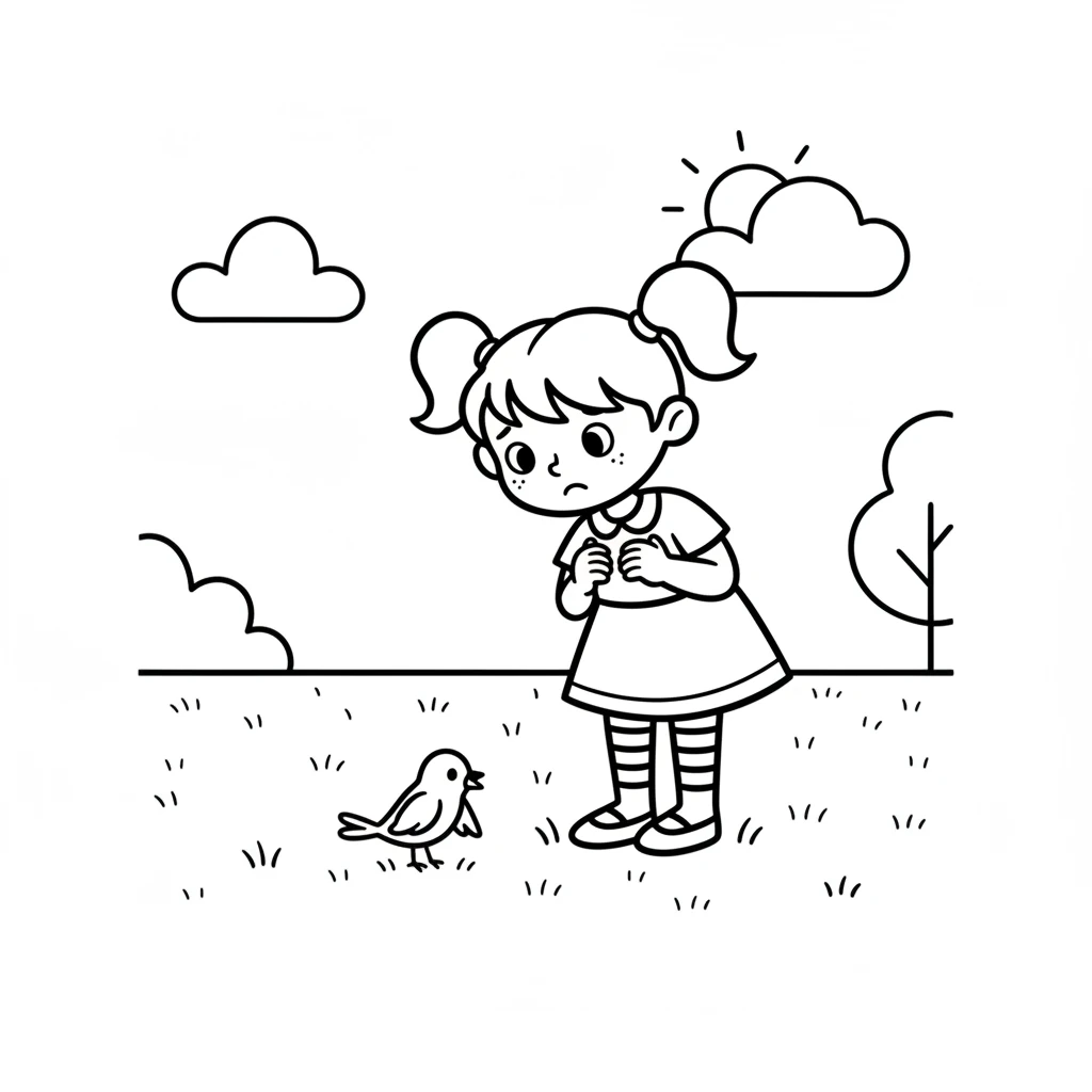 Lily stops her game when she sees something small on the ground. It is a tiny bird, looking a little lost and sad. Its wing looks a bit droopy.