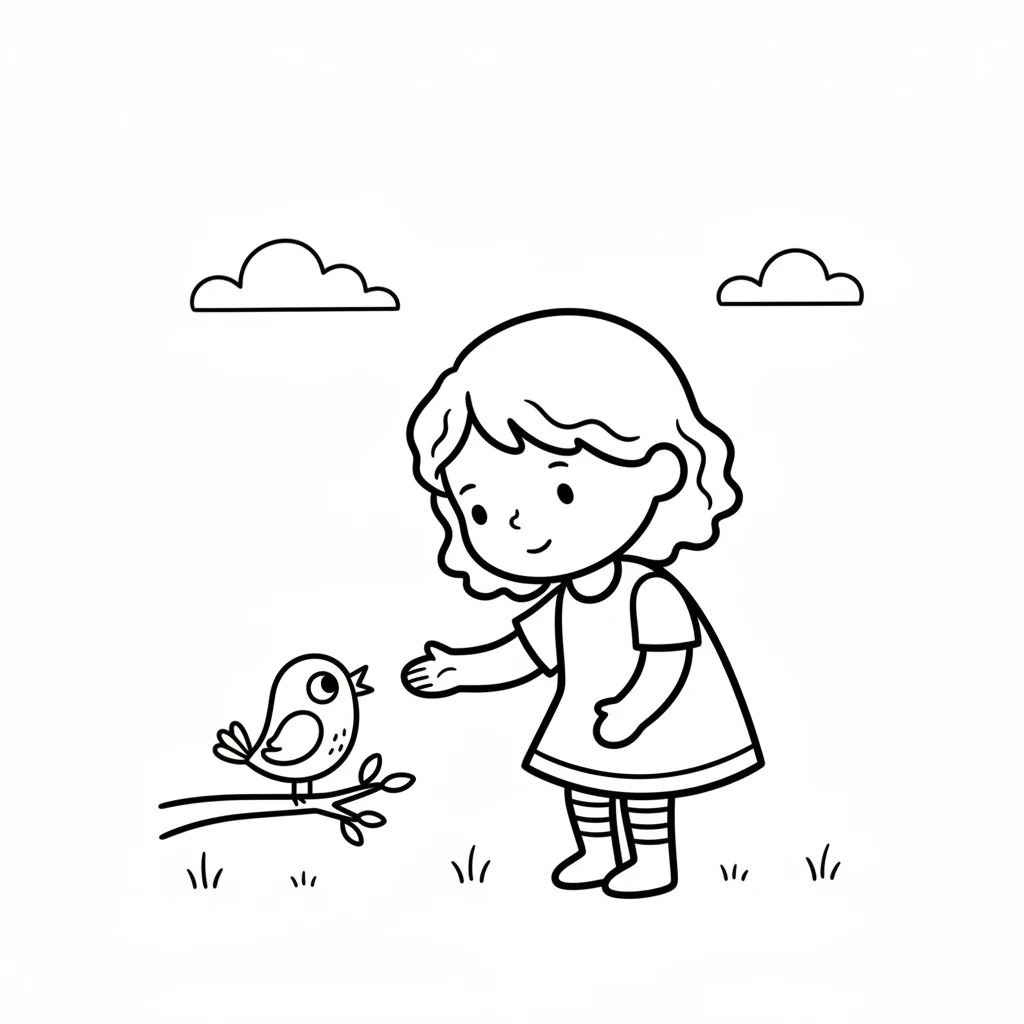 Gently, Lily reaches out a hand to the little bird. She is very careful not to scare it. The bird looks up at her with big, simple eyes.