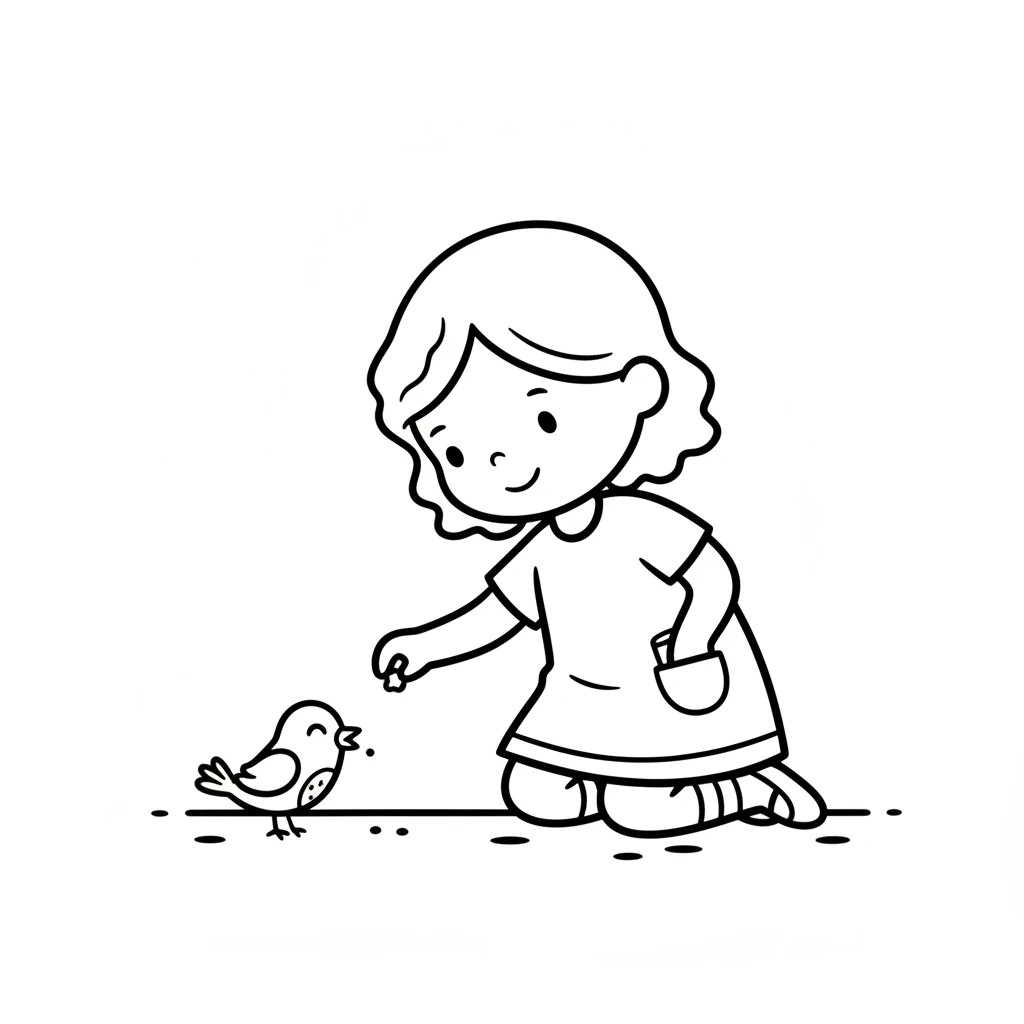 Lily brings out a tiny crumb from her pocket. She places it gently on the ground for the bird. The bird pecks at it happily.