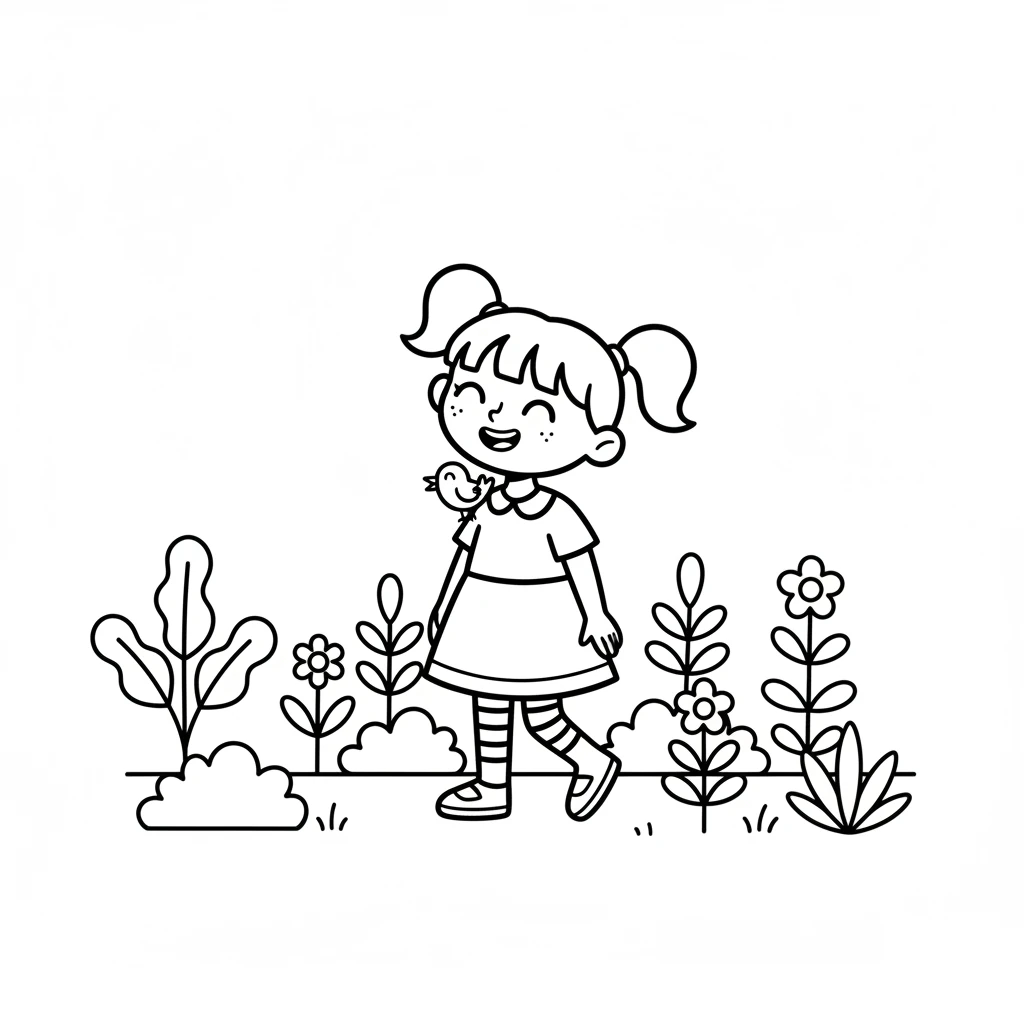 Soon, the bird feels better and hops onto Lily's shoulder. They walk slowly through the garden, looking at all the plants. Lily giggles softly.