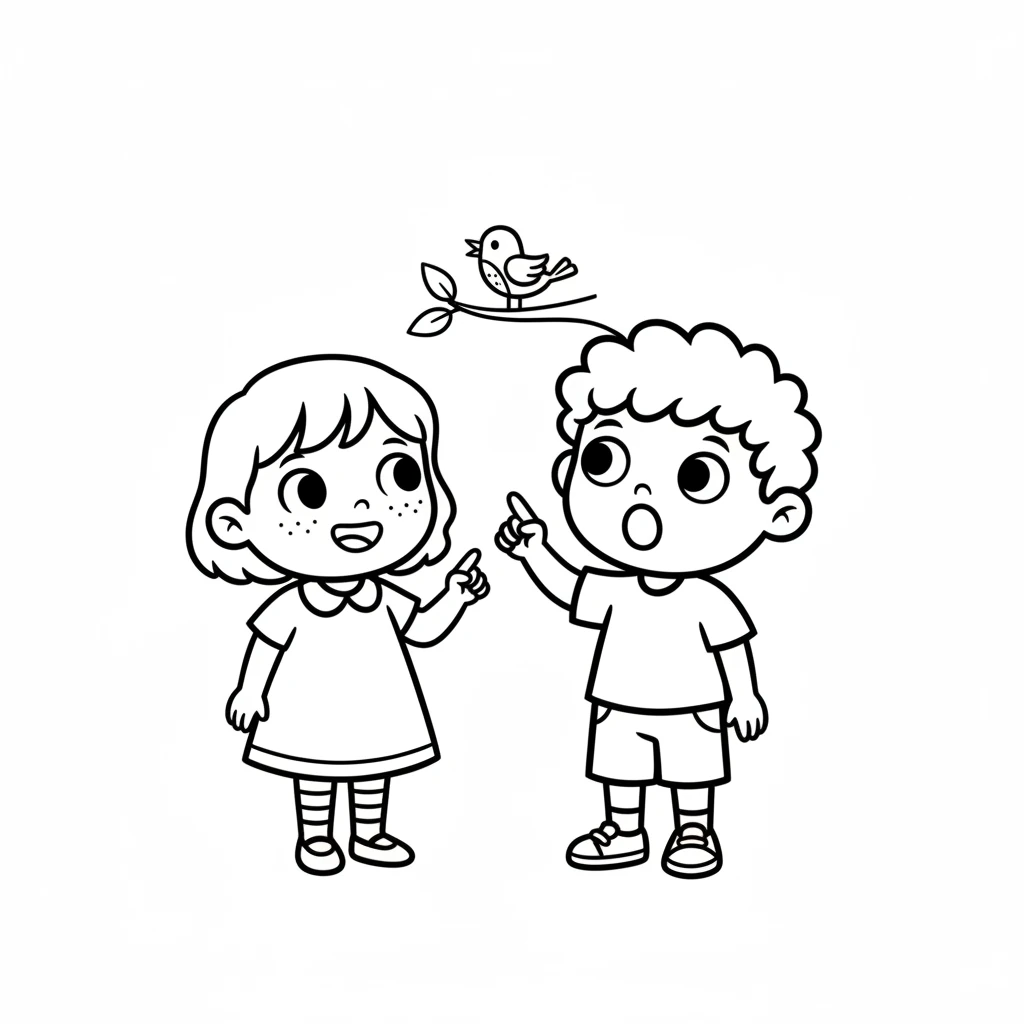 Lily's friend, Tom, comes to play. He sees the bird and his eyes grow wide with wonder. Lily smiles and introduces her new friend.