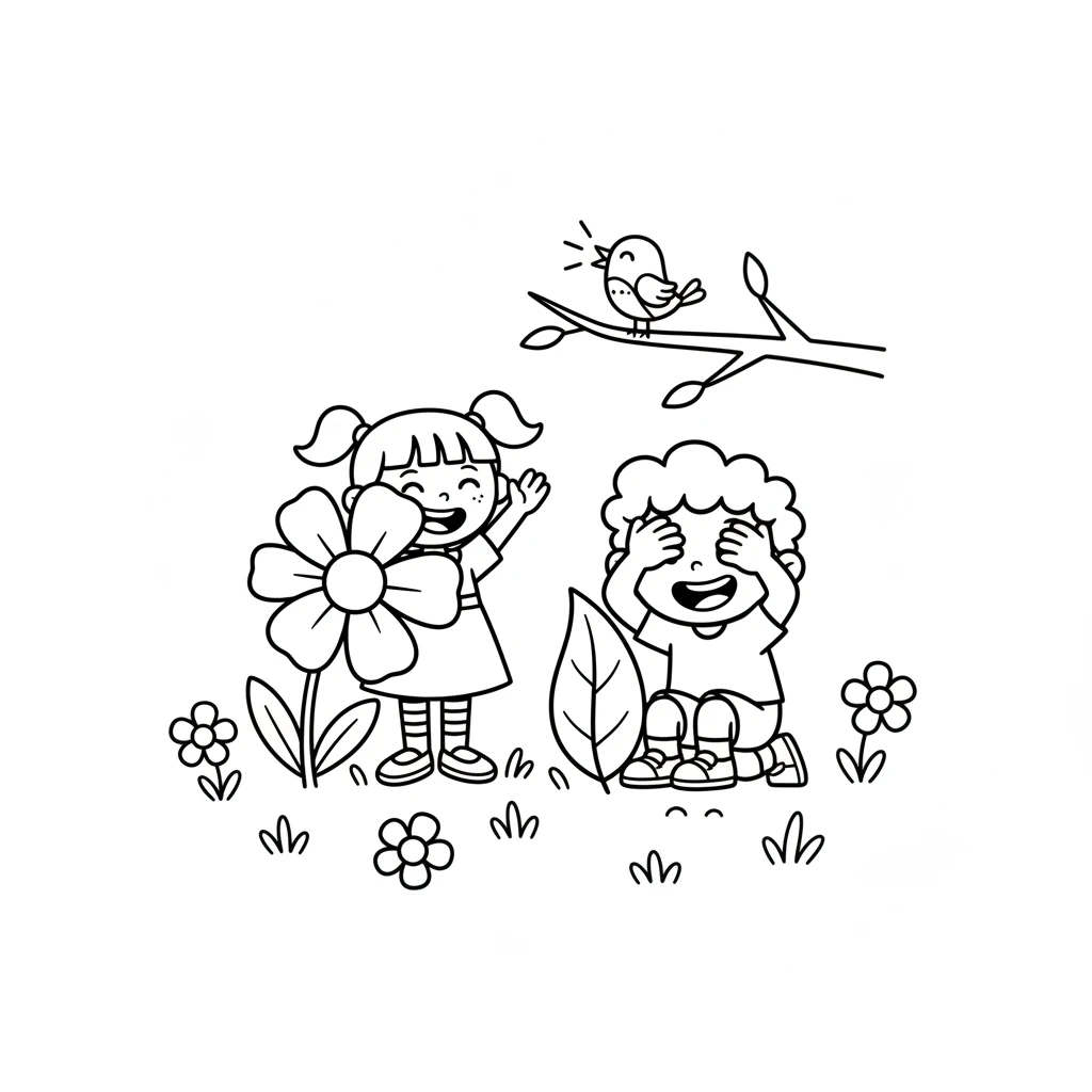 Lily, Tom, and the little bird play a gentle game of hide-and-seek among the flowers. The bird chirps happily from a low branch. The children laugh.