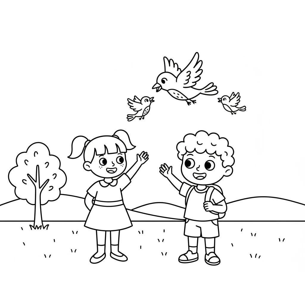 A bigger bird, the little bird's parent, flies down to greet them. Lily and Tom wave goodbye as the little bird flies off with its family. They feel happy for their friend.