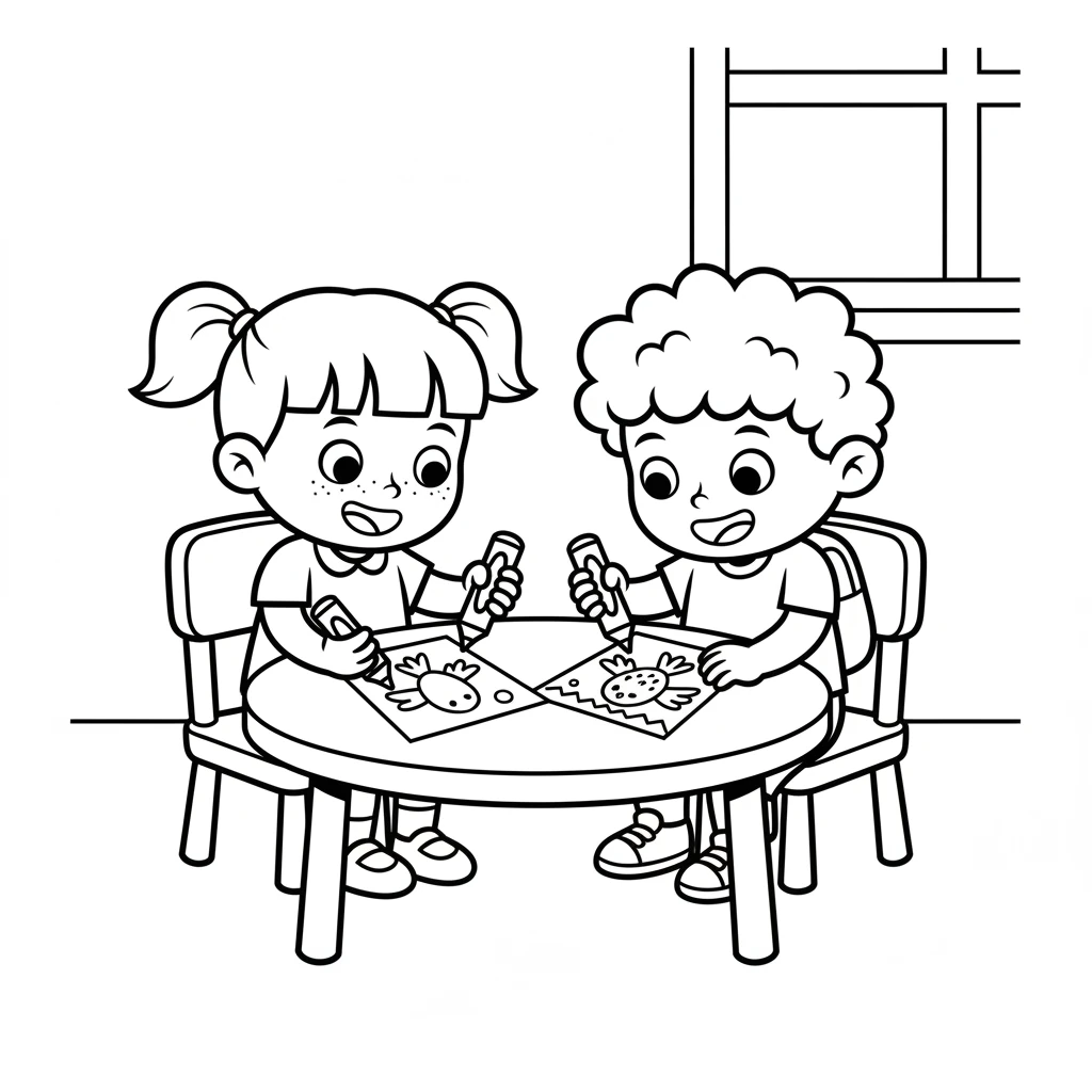 Back inside, Lily and Tom sit at a small table. They are drawing pictures of their bird friend with big, happy crayons. Their drawings are simple and colorful.