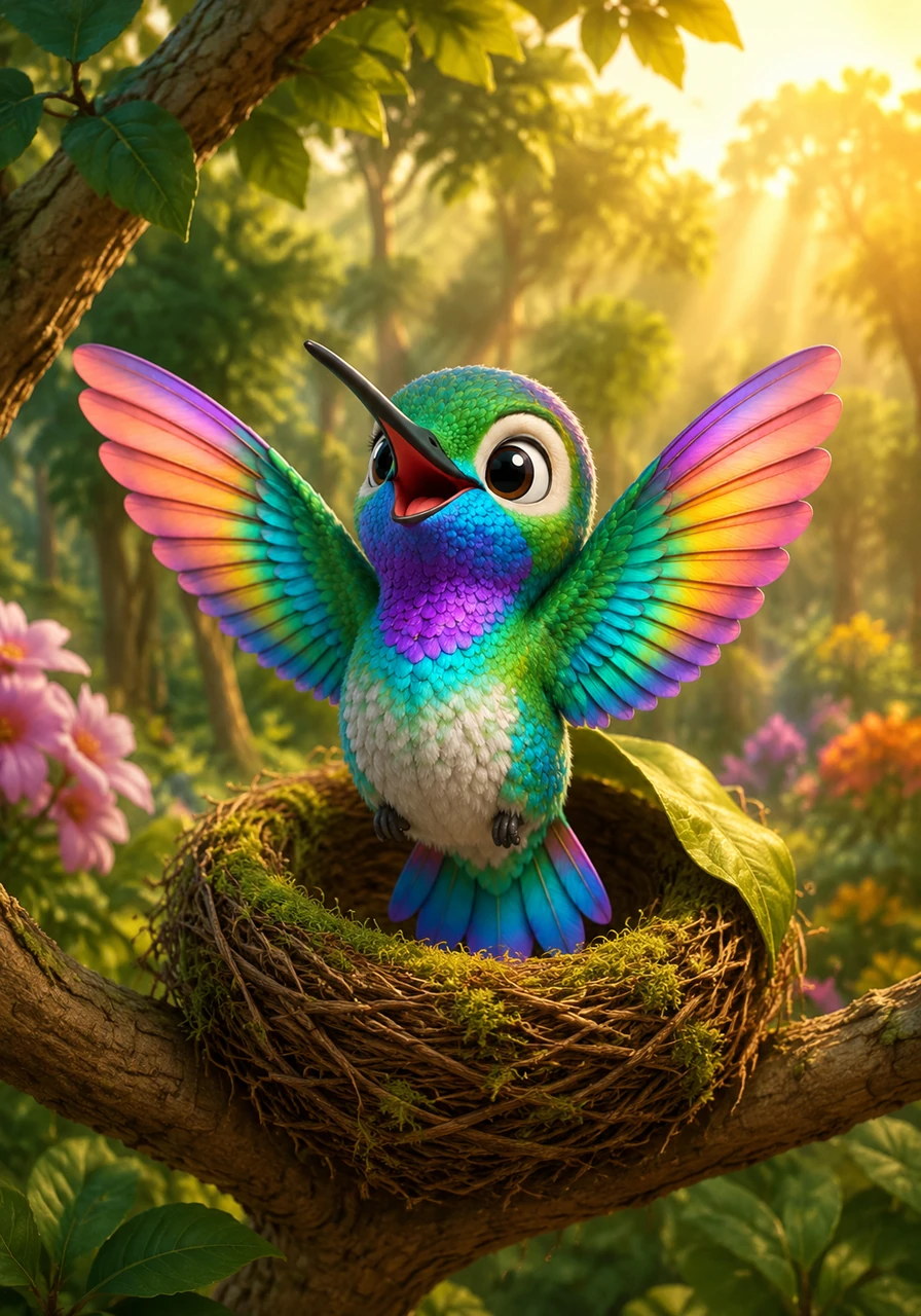 Nel cuore di un bosco colorato e luminoso, il piccolo uccellino Colibrì si sveglia con il cuore che batte forte per l'emozione. Oggi è il suo primissimo giorno alla scuola della foresta, e le sue piume brillano di mille sfumature sotto i primi raggi del sole.