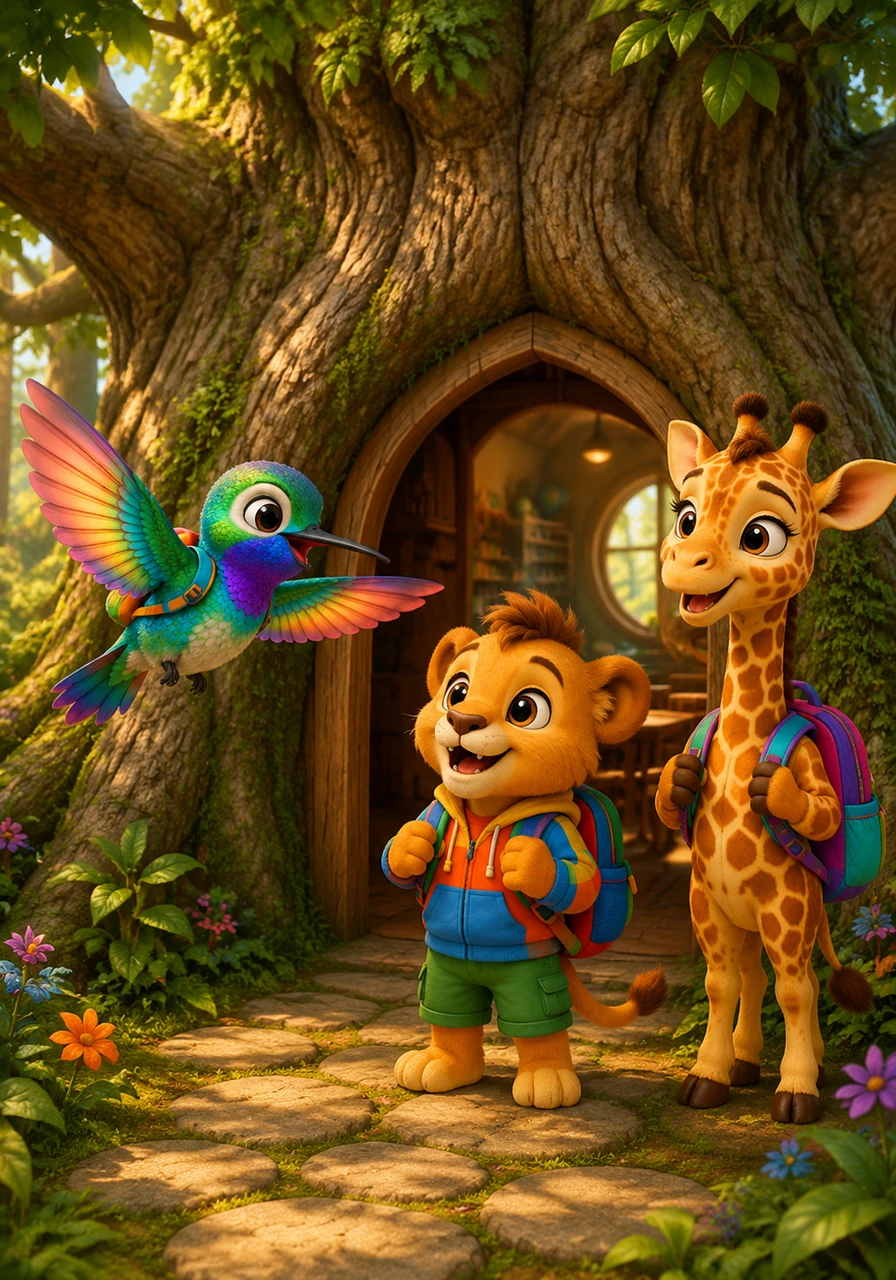 Colibrì vola felice verso la grande quercia antica, dove si trova la sua nuova aula speciale. Davanti alla porta lo aspettano Leo il leoncotto giocherellone e Sofia la giraffa curiosa, tutti pronti con i loro bellissimi zainetti colorati sulle spalle.