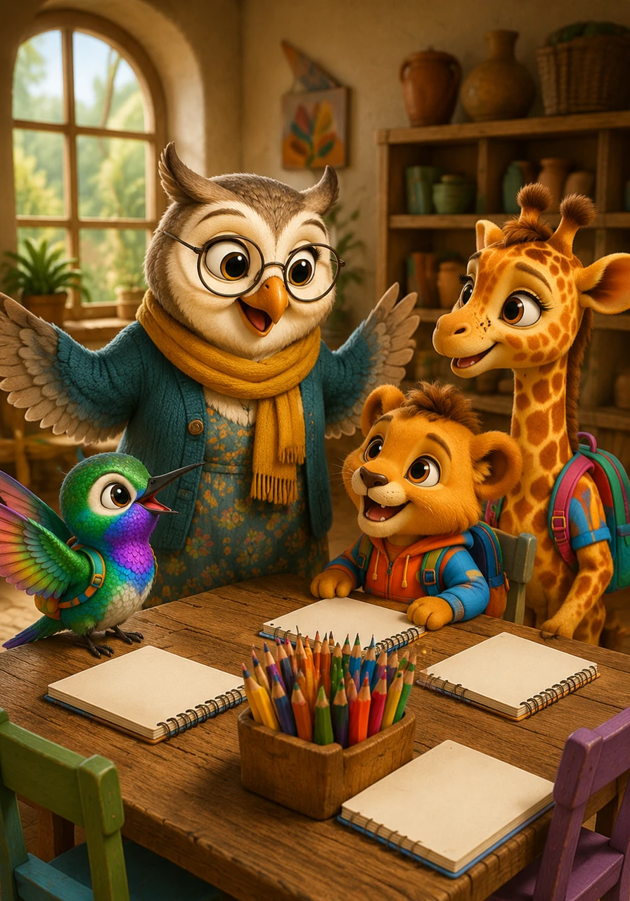La maestra Civetta accoglie i piccoli alunni con un grande sorriso caloroso e un dolce battito d'ali. Sul grande tavolo di legno ci sono tanti quaderni bianchi e matite colorate che aspettano solo di essere usate per disegnare e scrivere.