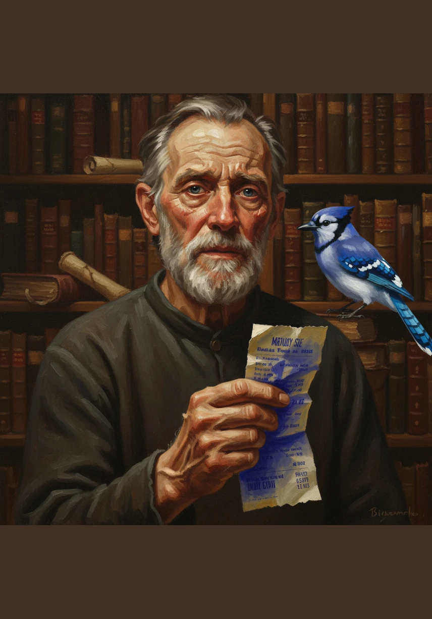 In his trembling hand, he holds a faded receipt with ink so blue it looks like captured ocean water. It is his only possession, a crumpled slip of paper that feels heavier than any mountain in his quiet world.