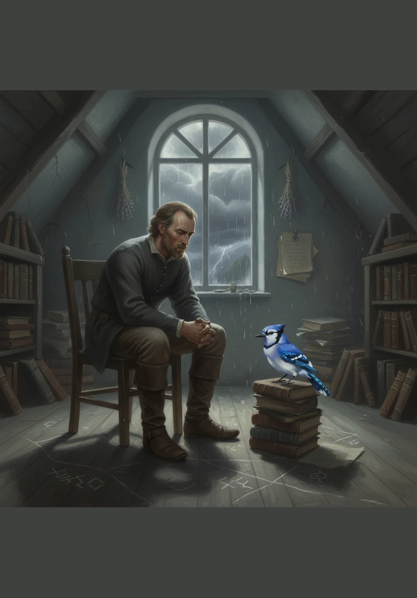 Days turn into a blur of blue and grey as Silas sits on his chair, his feet tucked back to avoid even brushing the chalk. The air in the attic smells of old paper, dried lavender, and the sharp, ozone scent of an approaching storm.
