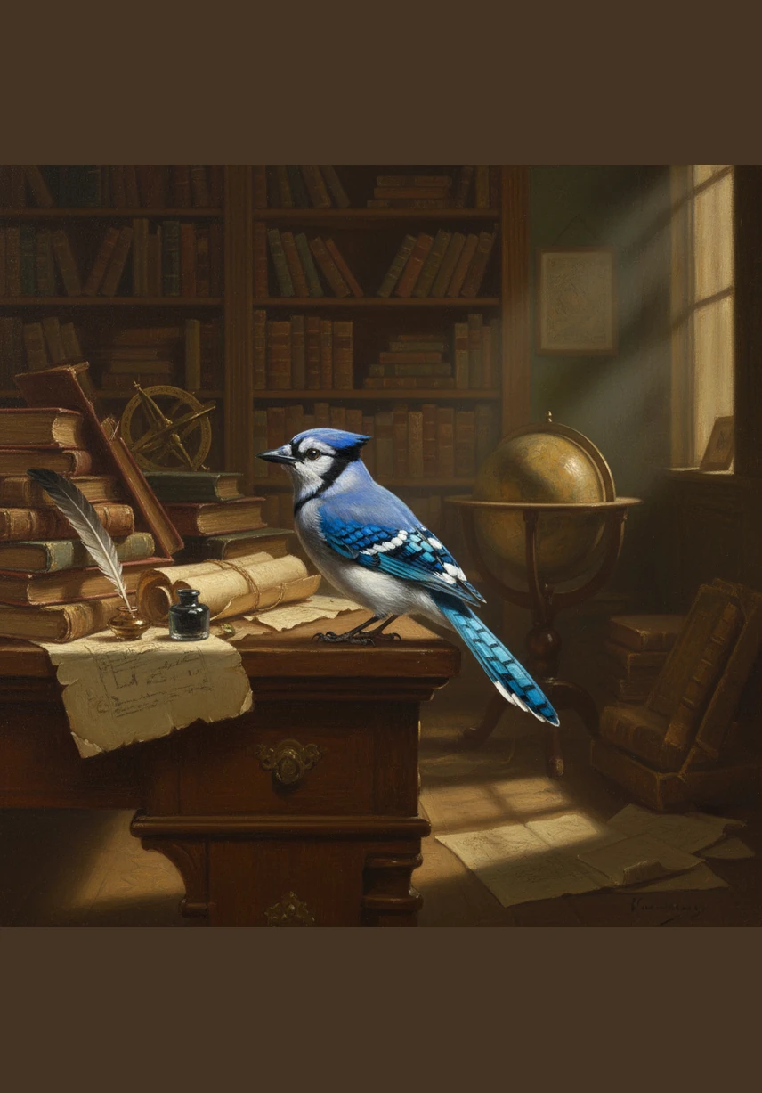 Suddenly, a vibrant blue jay flutters through the open skylight and perches boldly on the floorboards across the line. It chirps a melody that sounds like a forgotten song from his childhood, tilting its head curiously at the man in the chair.