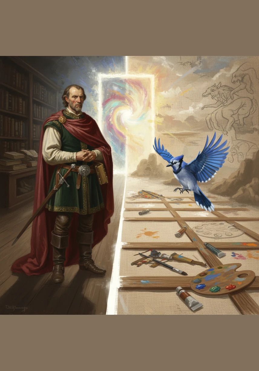 Silas stands up and steps fully across the line, finding himself standing inside a vast, unfinished painting under a brilliant sapphire sky. He realizes the receipt was a scrap of canvas, and the only thing holding him back was a line he had painted himself long ago.
