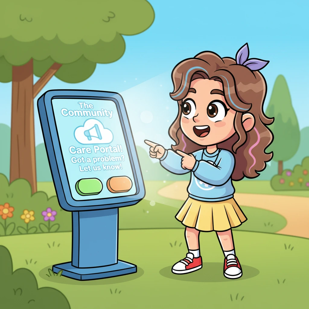 Suddenly, a friendly, glowing sign caught her eye: 'The Community Care Portal! Got a problem? Let us know!' It was a cheerful digital kiosk with big, bubbly buttons and a friendly smiling cloud icon.