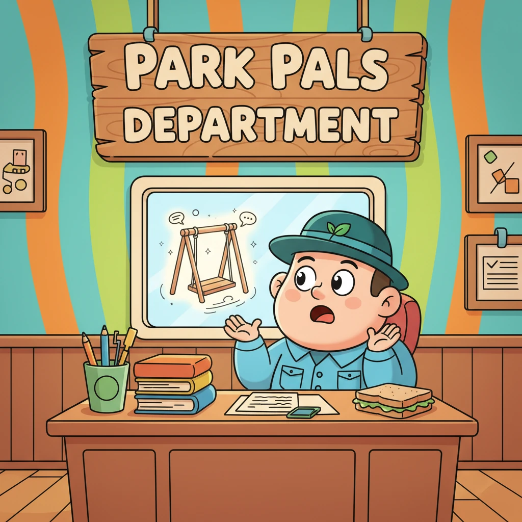 The little swing message landed with a soft *boing!* on a desk inside a quirky, colorful building labeled 'Park Pals Department.' A friendly, round-faced officer named Ollie, wearing a hat with a tiny leaf, looked up with surprise.
