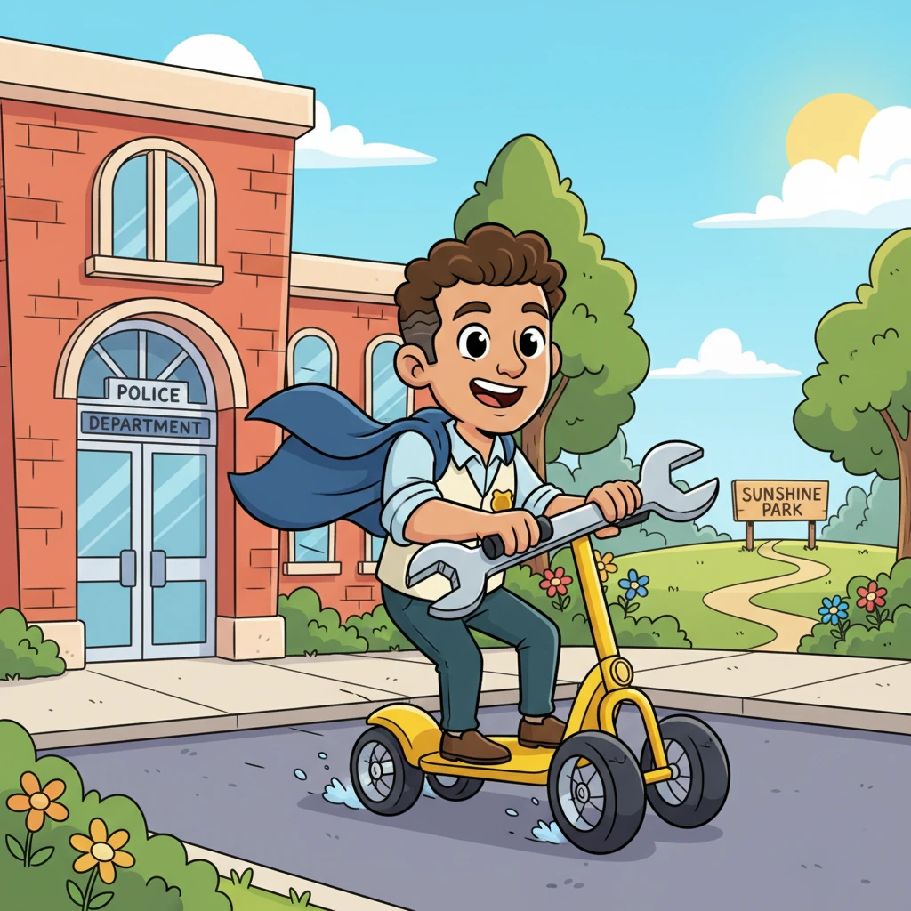 Officer Ollie, with a comically oversized wrench clutched in his hand, zoomed out of the department building. He rode a cheerful, bouncy scooter, his uniform flapping as he raced towards Sunshine Park, ready for action.