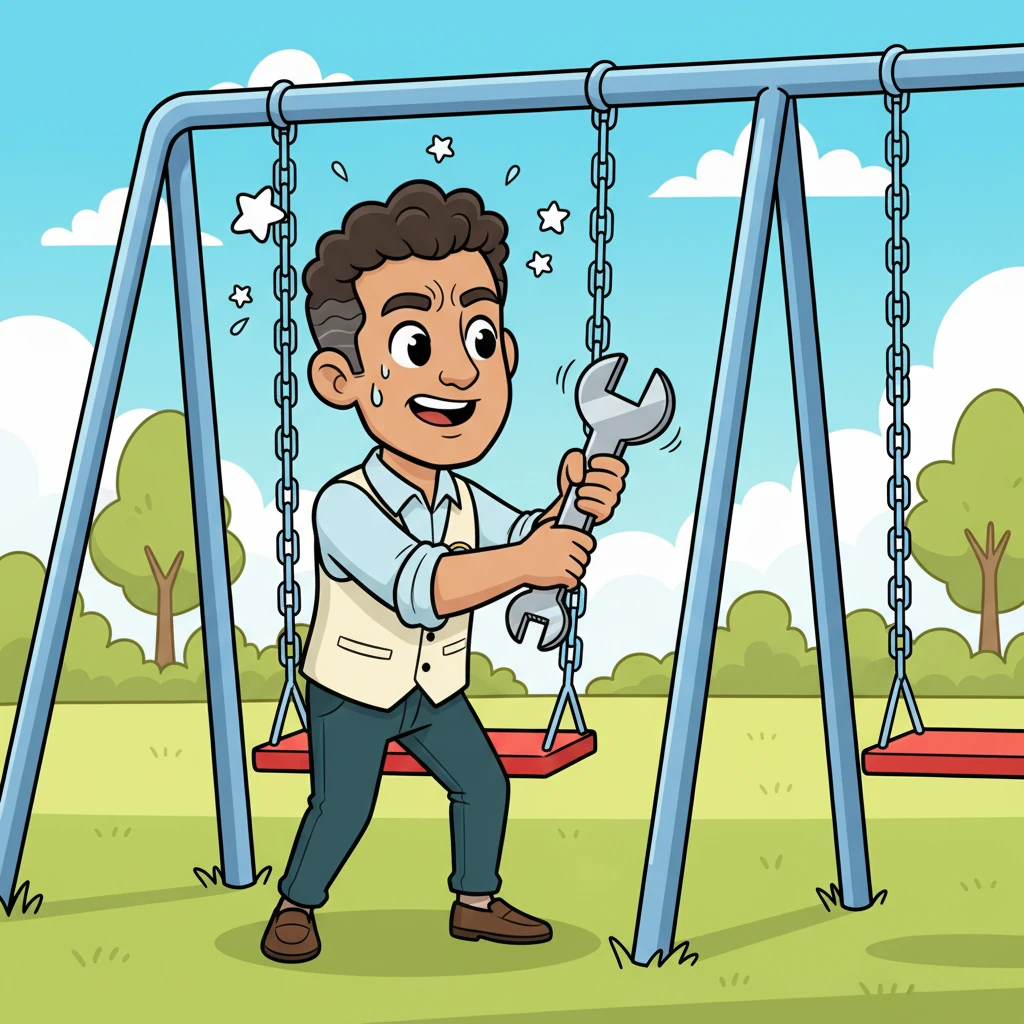 At the park, Officer Ollie worked with gusto! He tightened bolts with exaggerated effort, sweat drops flying like tiny stars, until the wobbly swing stood perfectly straight and sturdy, gleaming in the sun.