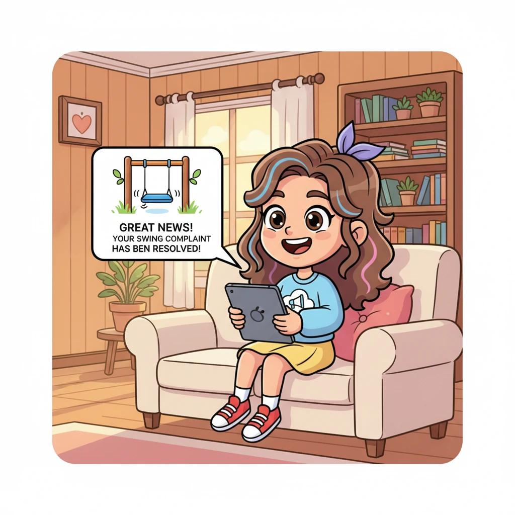 Back home, Lily's tablet made a happy *ding!* A message popped up: 'Great News! Your swing complaint has been RESOLVED!' A little animated swing icon danced joyfully on the screen.