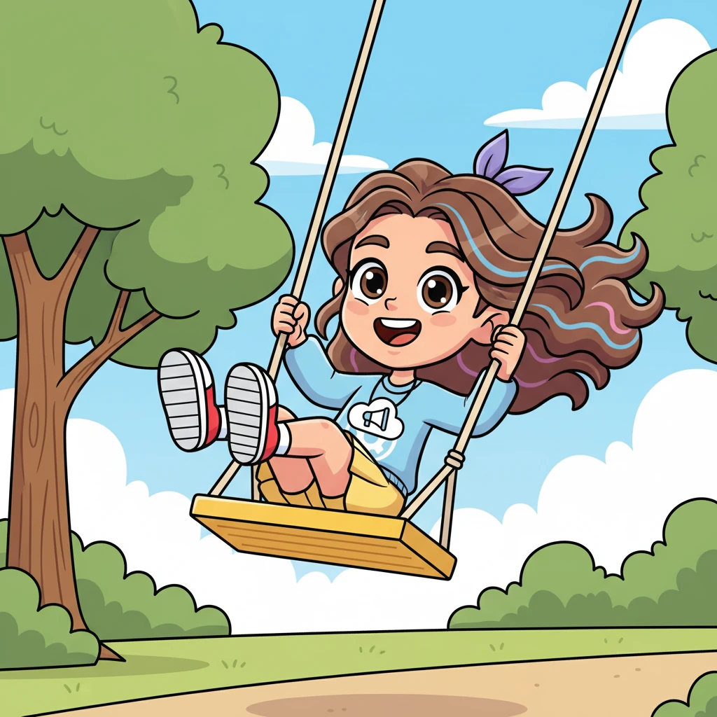 Lily rushed back to Sunshine Park and gasped with delight! Her favorite swing was perfect! She pushed it with all her might, soaring high with a huge, happy smile, the wind tickling her cheeks.