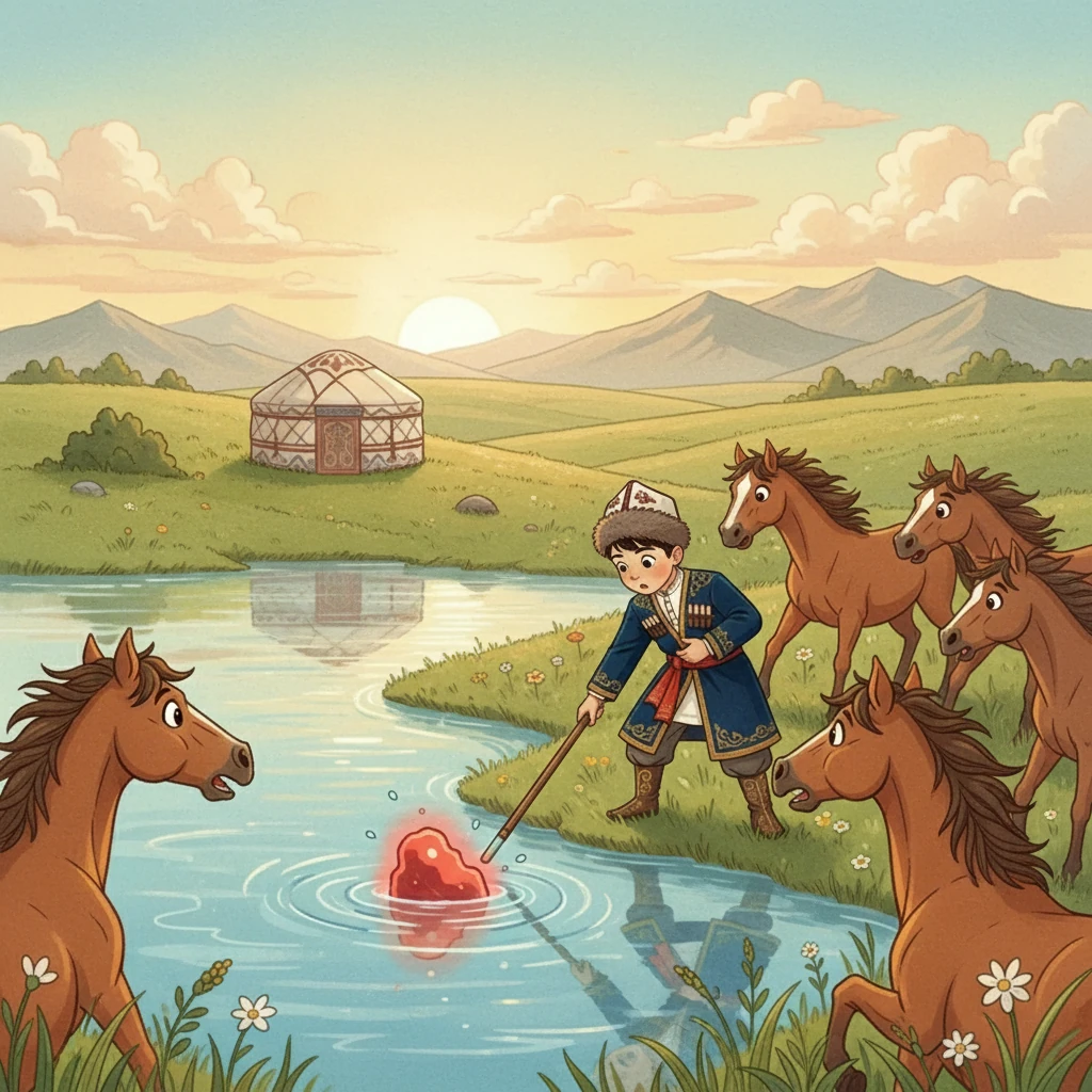 Бір күні бай жылқыларын суаруға көлге келгенде, жылқылар қорқып, артқа шегіне бастады. Бай таңғалып, суға үңілсе, қызыл түсті жұмбақ зат қалқып жүр екен. Ол құрығымен түрткенде, сол зат суға батып кетті.