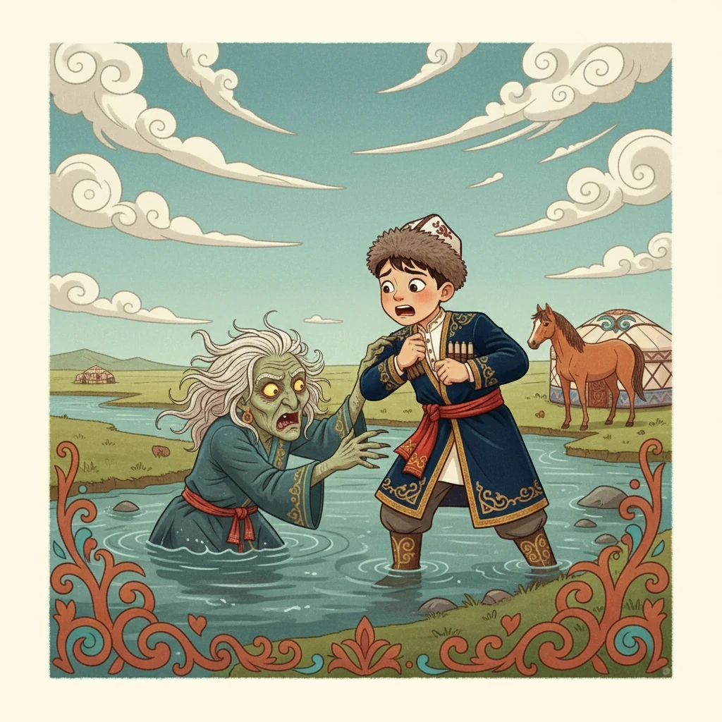 Судан жалмауыз кемпір шықты, оның түрі қорқынышты еді. Ол байдың жағасынан ұстап алып, одан жалғыз баласын беруін талап етті. Бай қорқып, амалсыз келісуге мәжбүр болды.