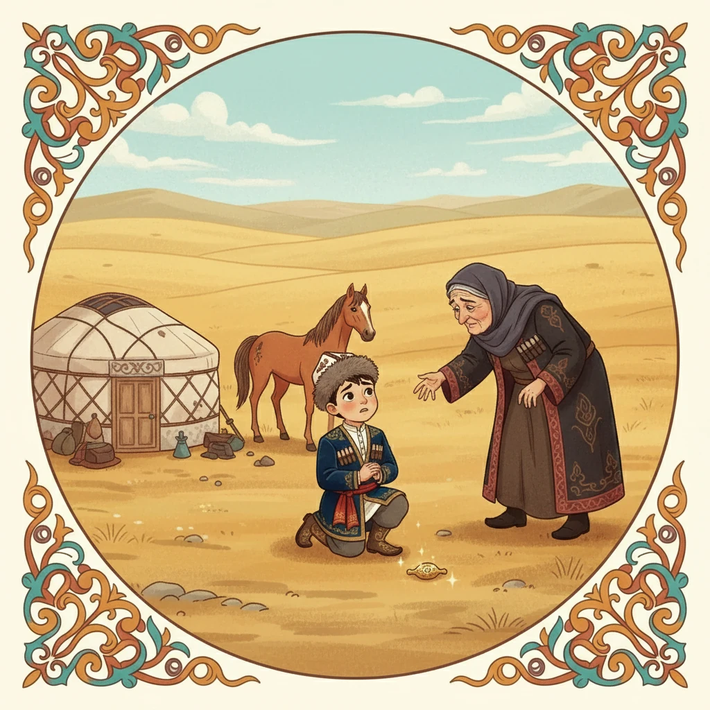 Бай жалмауыз кемпірге жалбарынып, не істеу керектігін сұрады. Кемпір оған баласын беруді талап етті және көшкенде алтын сақаны жұртқа тастау керектігін айтты.