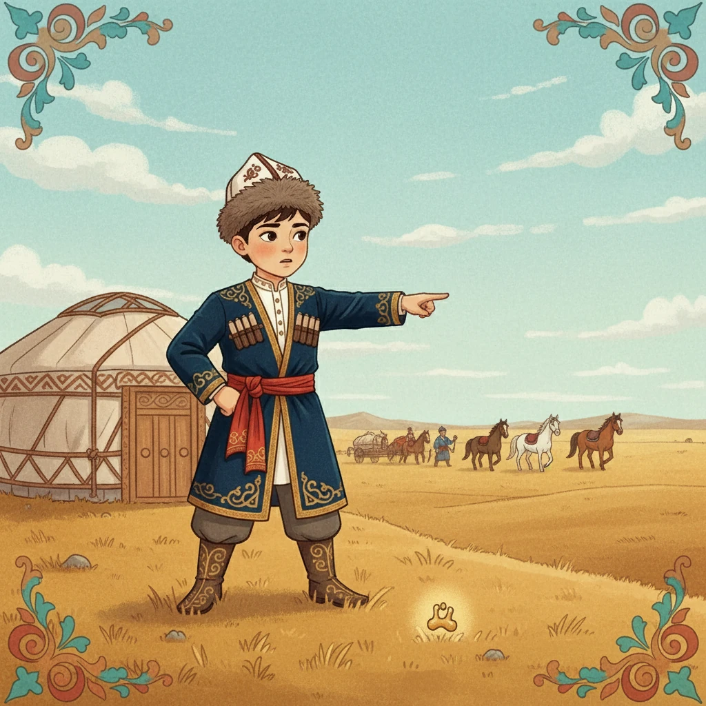 Ауыл көшіп бара жатқанда, бай ешкімге білдірмей, баласының алтын сақасын жұртқа тастап кетті. Жаңа қонысқа келген соң, Бала сақасын іздеп, әкесіне келді. Әкесі оған сақаны алып келуін айтты.