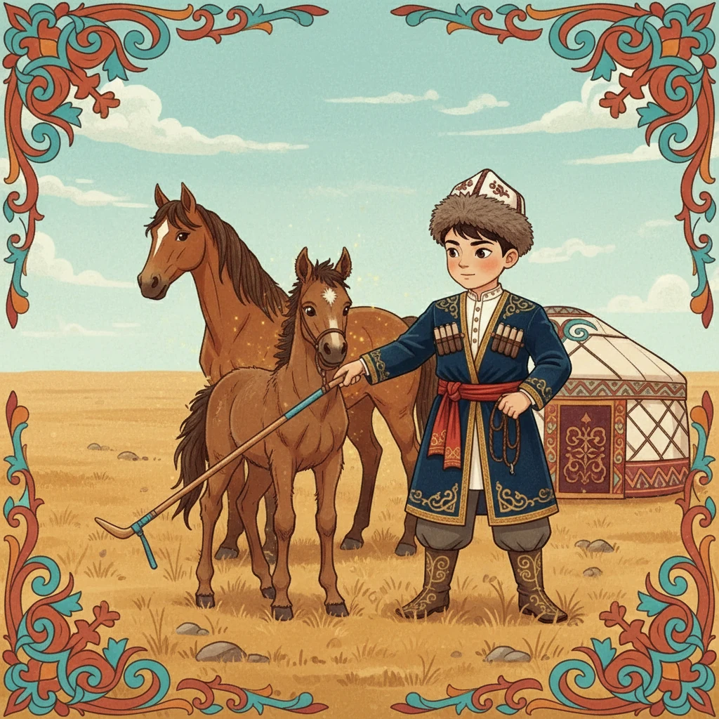 Бала жылқышыдан қай тайға мінетінін сұрады. Жылқышы оған құрығын құлдыратып, қай тай оған қараса, соны мінуін айтты. Баланың алдына қотыр тай келіп, тік қарап тұрды. Бала тайды ұстап, жүгендегенде, тай бірден құнанға айналды.