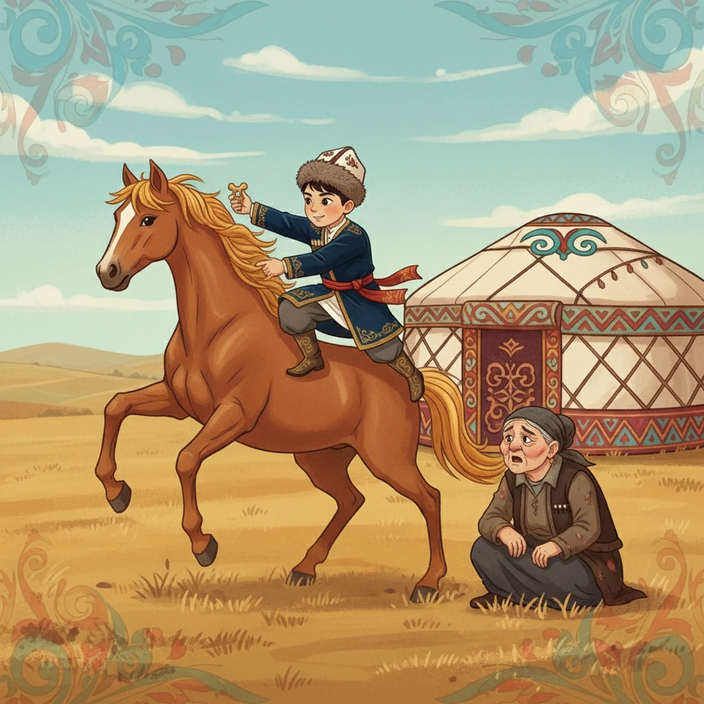 Бала жұрттағы алтын сақаны көрді, оның жанында жалмауыз кемпір отырды. Бала сақаны сұрағанда, кемпір өзін әлсіз көрсетіп, сақаны алуға көмектесуін сұрады. Бала сақаны алып, тұлпармен қашып кетті.