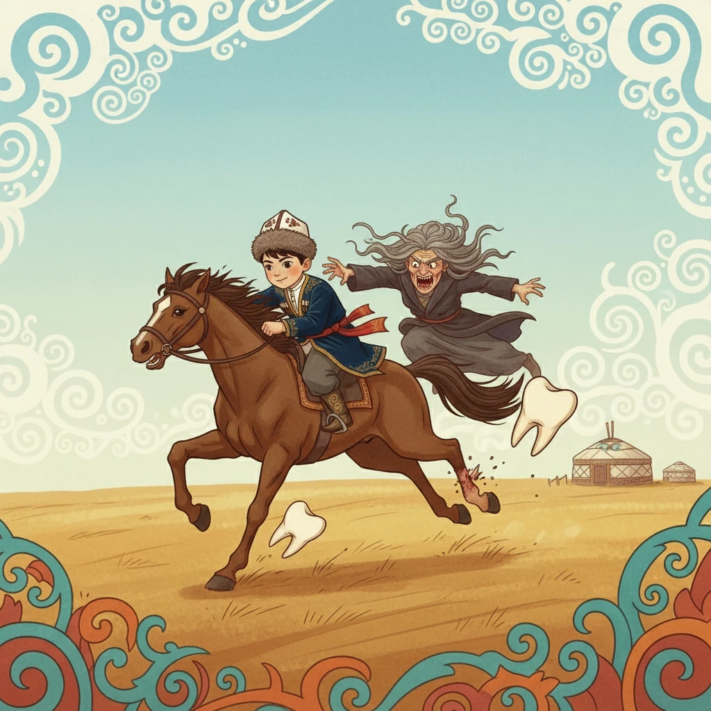 Жалмауыз кемпір Баланың артынан қуып келе жатып, тістерін лақтыра бастады. Бірінші тіс аттың бір аяғын, екінші тіс екінші аяғын жұлып түсірді. Ат әлсіресе де, баланы тастамады.