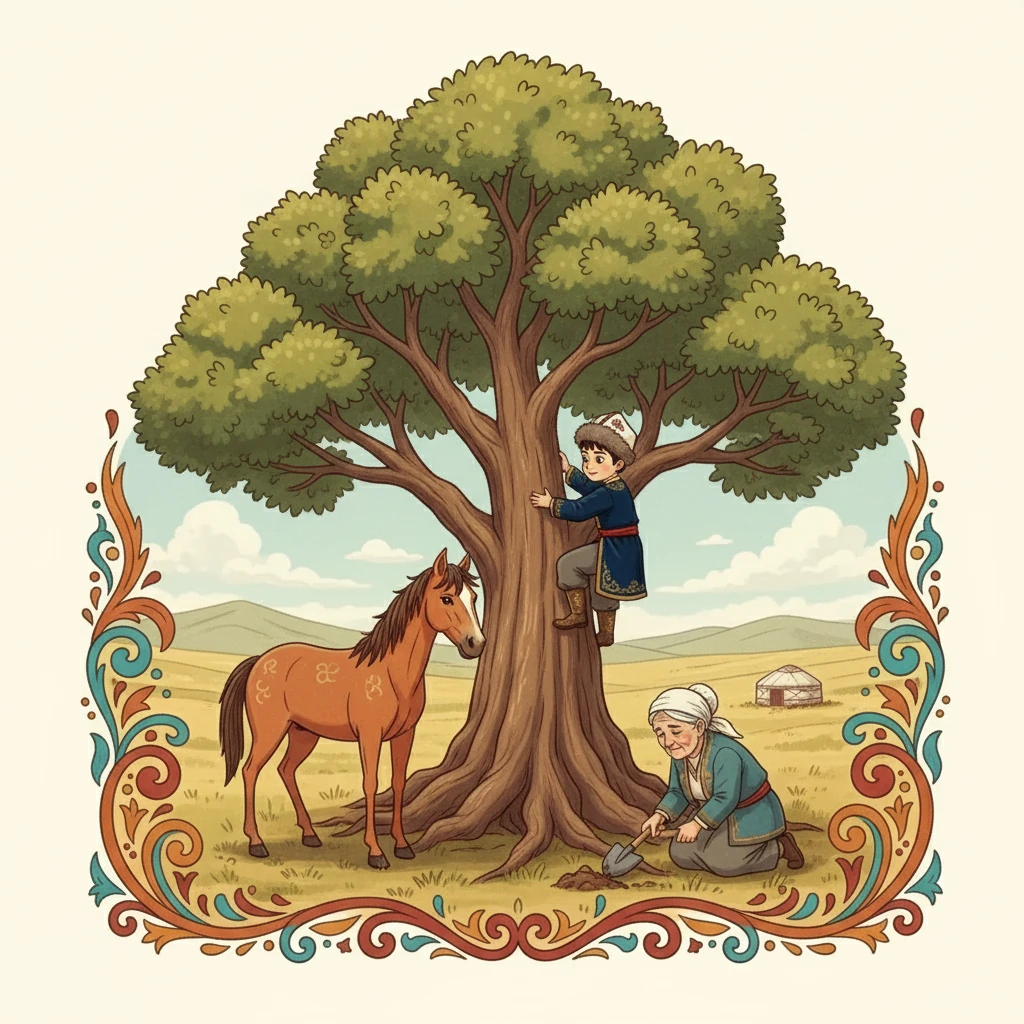 Тұлпар екі аяғымен әрең жүріп, бәйтерекке жақындады. Бала аттан секіріп, ағашқа өрмелеп шықты. Кемпір бәйтеректің түбін қаза бастады. Бала көмек күтіп, жоғарыдан бақылап тұрды.