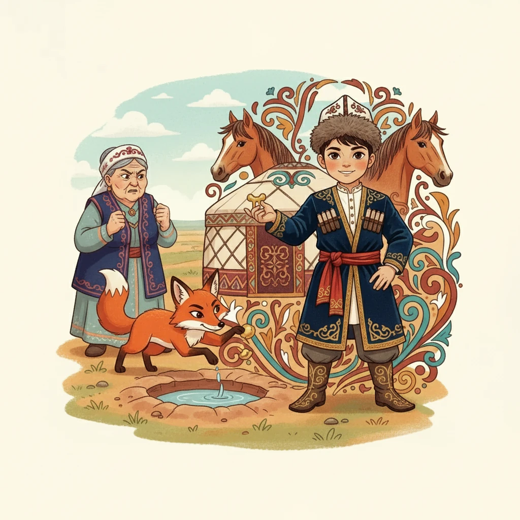 Қызыл түлкі кемпірге көмектесуге келіп, одан тіс сұрады. Түлкі шұңқыр қаза бастағандай болып, тісті суға лақтырып, ғайып болды. Кемпір ашуға булықты.