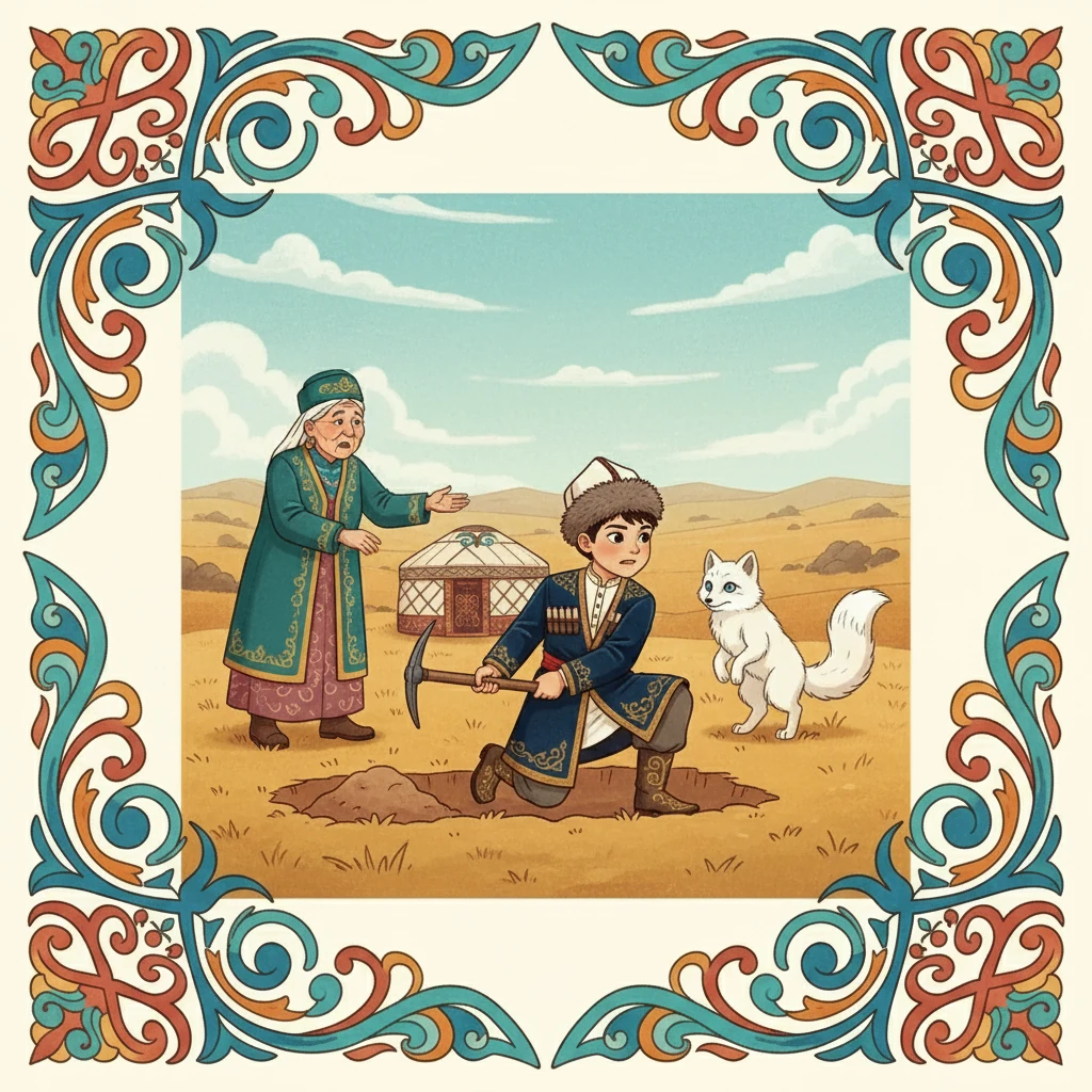 Ақ түлкі кемпірге көмектесуге келіп, өзін сайдың ақ түлкісі деп таныстырды. Кемпір оған сеніп, кетпен берді. Түлкі шұңқырды қайта қазып, кетпенді лақтырып, ғайып болды.