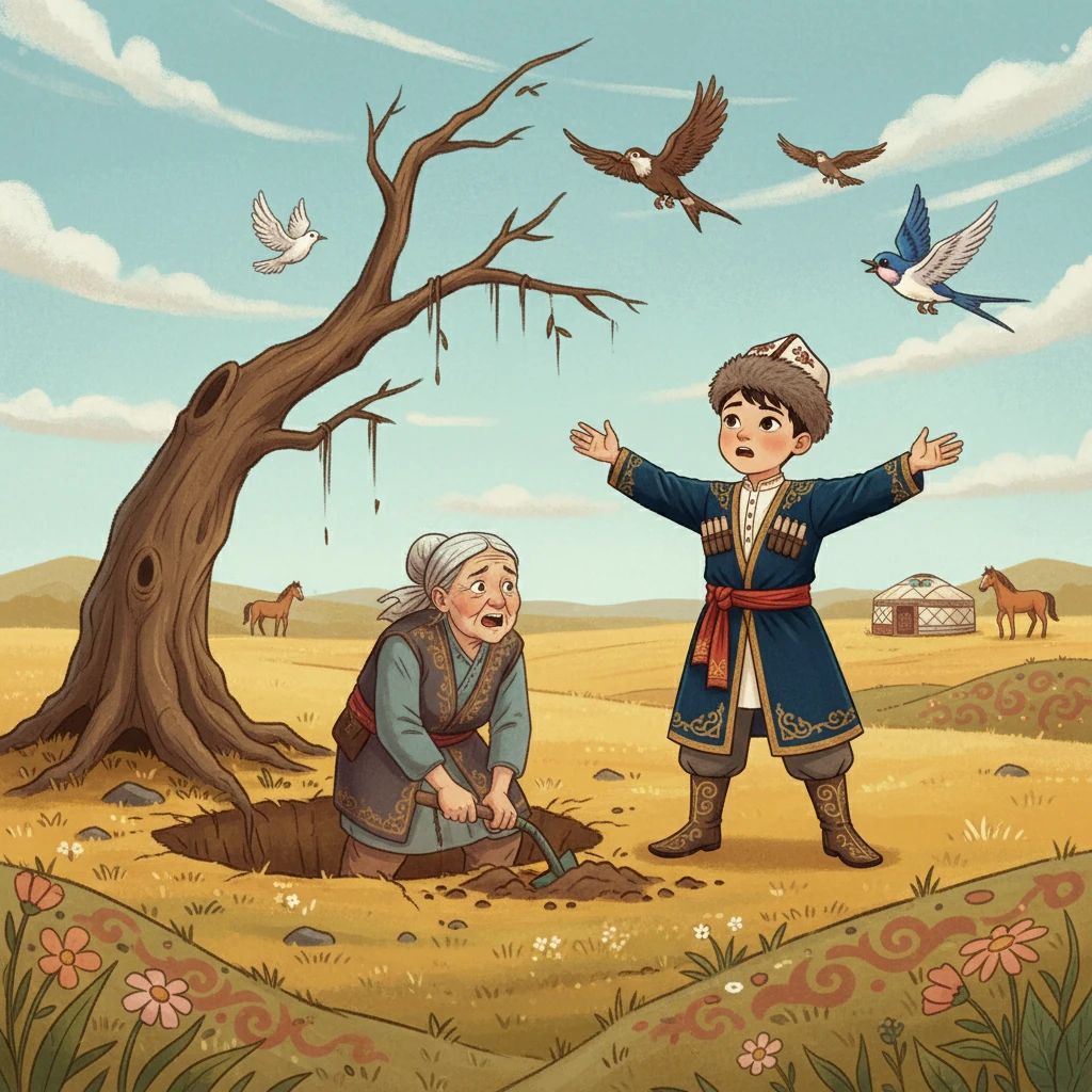 Кемпірдің аузында бір-ақ тісі қалғанда, ол тісті жұлып, шұңқырды қаза берді. Ағаш құлауға жақын қалды. Бала барлық құстардан көмек сұрады, бірақ қарлығаш қана келісті.