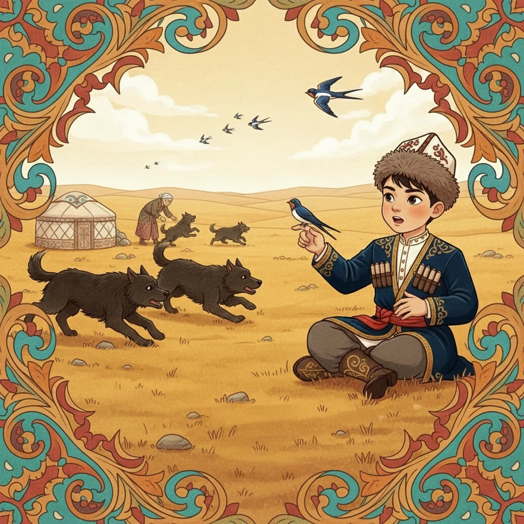 Бала қарлығашқа жағдайды айтып берді. Қарлығаш ауылға ұшып, төбеттерге хабар жеткізді. Төбеттер келіп, кемпірді ұстап, өлтірді. Бала аман қалды.