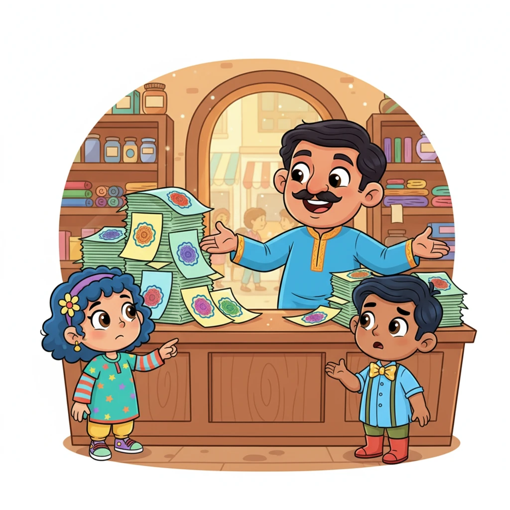 Raju, a kind-hearted shopkeeper, stands proudly in his small but busy Indian shop. Around him are stacks of various tax papers, each with a different colored stamp, making his counter look a bit cluttered. Customers eye the many forms with puzzled expressions, while Raju tries his best to manage everything with a warm smile.
