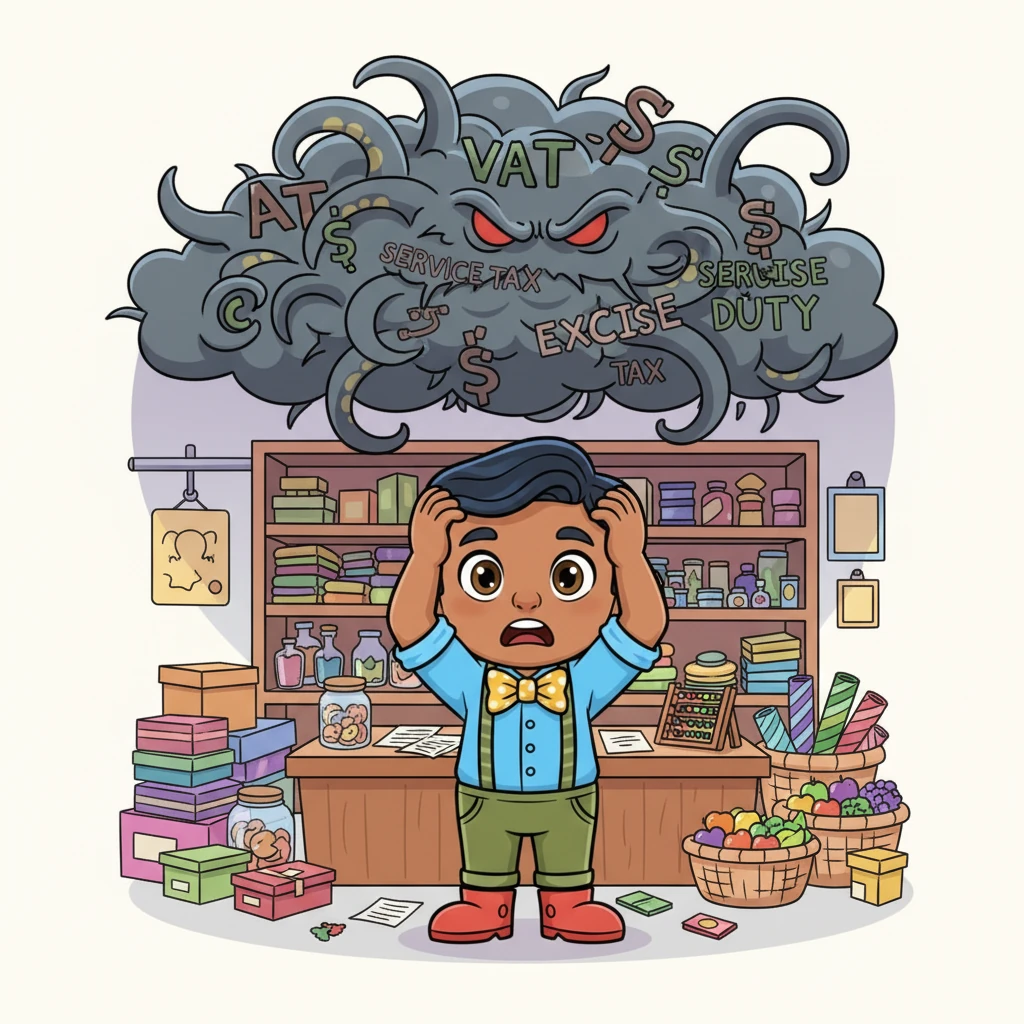 Above Raju's head, a swirling cloud of confusing tax symbols looms like a tangled monster, each representing a different old tax such as VAT, Service Tax, and Excise Duty. Raju looks overwhelmed, scratching his head as he tries to untangle the messy web of regulations. His shop seems slightly chaotic under this tax-monster's shadow.