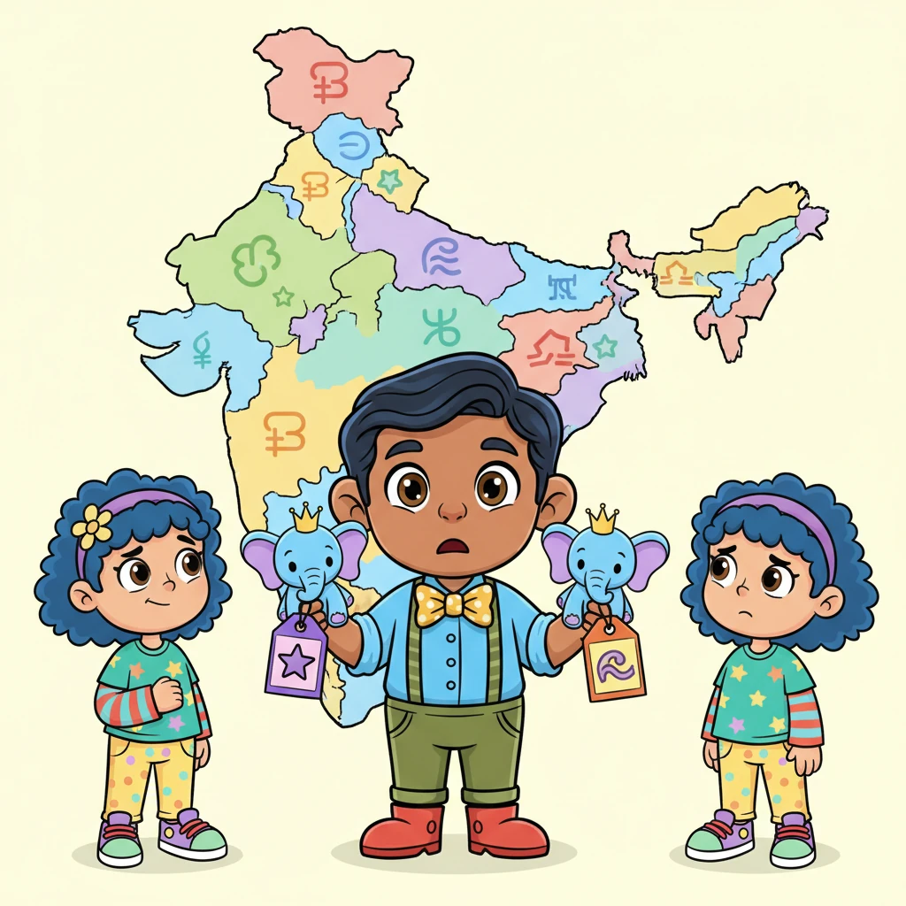 Raju holds up two identical toys, but their price tags show different amounts, much to a customer's confusion. Behind him, a whimsical map of India highlights various states, each with its own distinct price symbol for the same product. Raju gestures apologetically, explaining the old complexities of state-wise taxes.