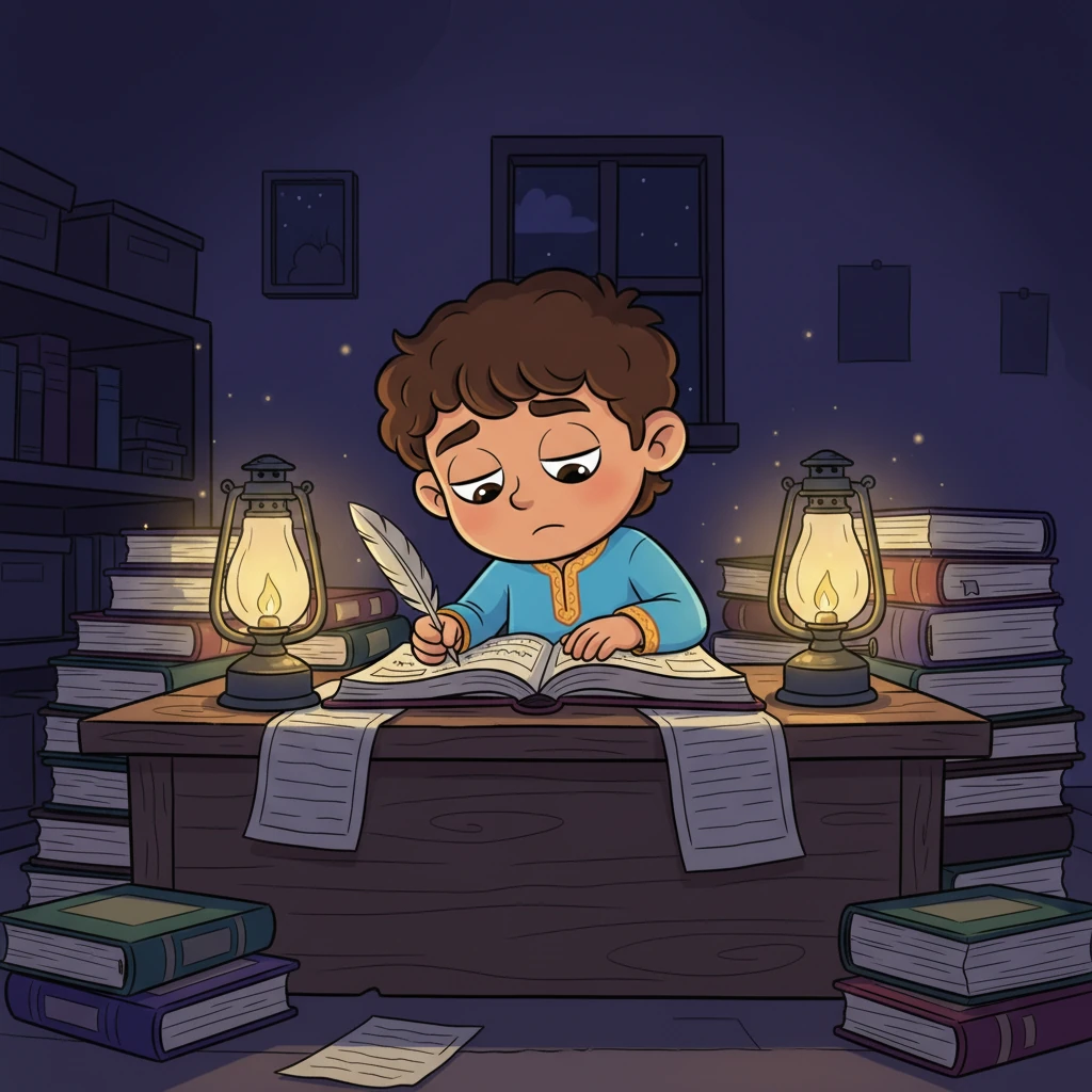 Late into the night, Raju sits hunched over his wooden desk, surrounded by flickering lamps and piles of ledgers. His eyes are tired, but he diligently fills out endless forms, his pen scratching away. The scene emphasizes the heavy paperwork burden on small businesses before the change, showing his dedication despite the difficulty.