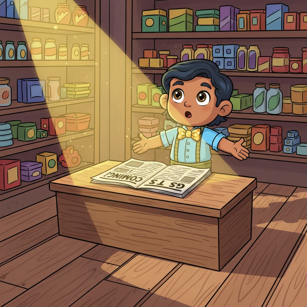 Suddenly, a bright, golden light streams into Raju's shop, illuminating a newspaper headline that boldly proclaims "GST is Coming!". Raju looks up, his face a mix of curiosity and hope, wondering what this big new change will mean for his beloved shop and his customers. A sense of anticipation fills the air.