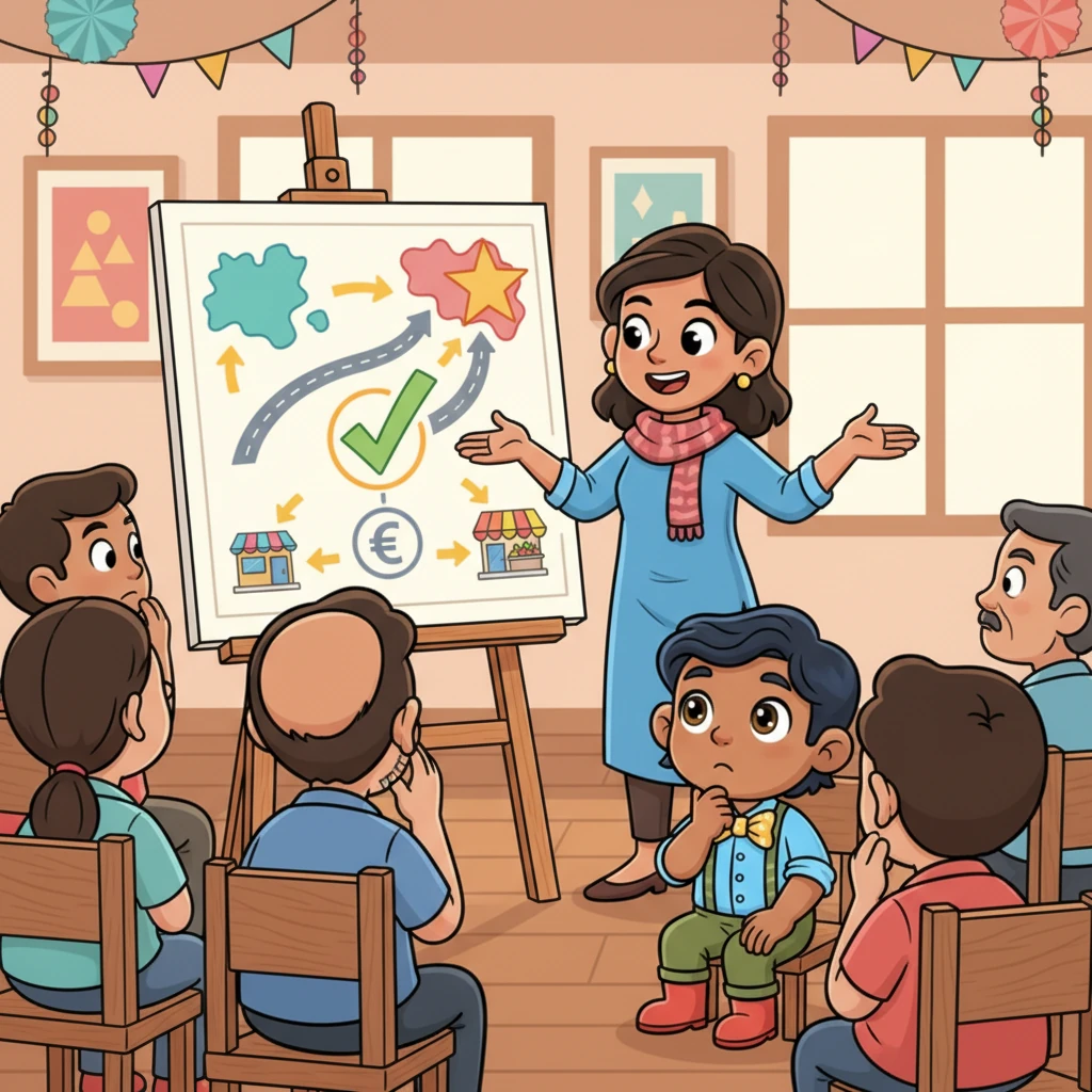 Raju is now seen in a colorful community hall, eagerly listening to an animated speaker who points to a large chart. The chart clearly illustrates "One Nation, One Tax" with simplified diagrams and cheerful arrows. Raju, along with other shopkeepers, looks a little puzzled but also very interested in learning about the new GST system.
