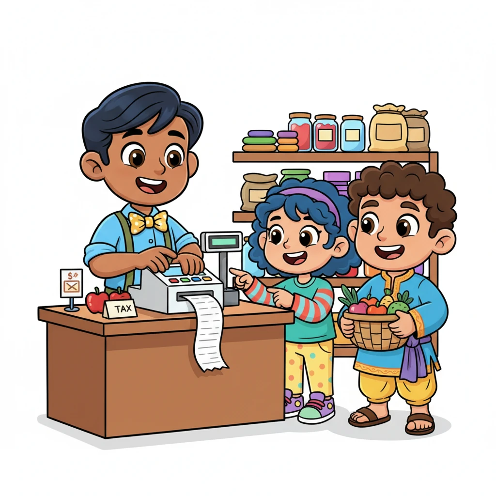 With a big, confident smile, Raju now uses a sleek, simplified billing machine that prints receipts quickly and clearly. Customers are delighted to see transparent prices and a single tax listed. Raju's shop feels more organized and efficient, and transactions are smooth and easy for everyone.