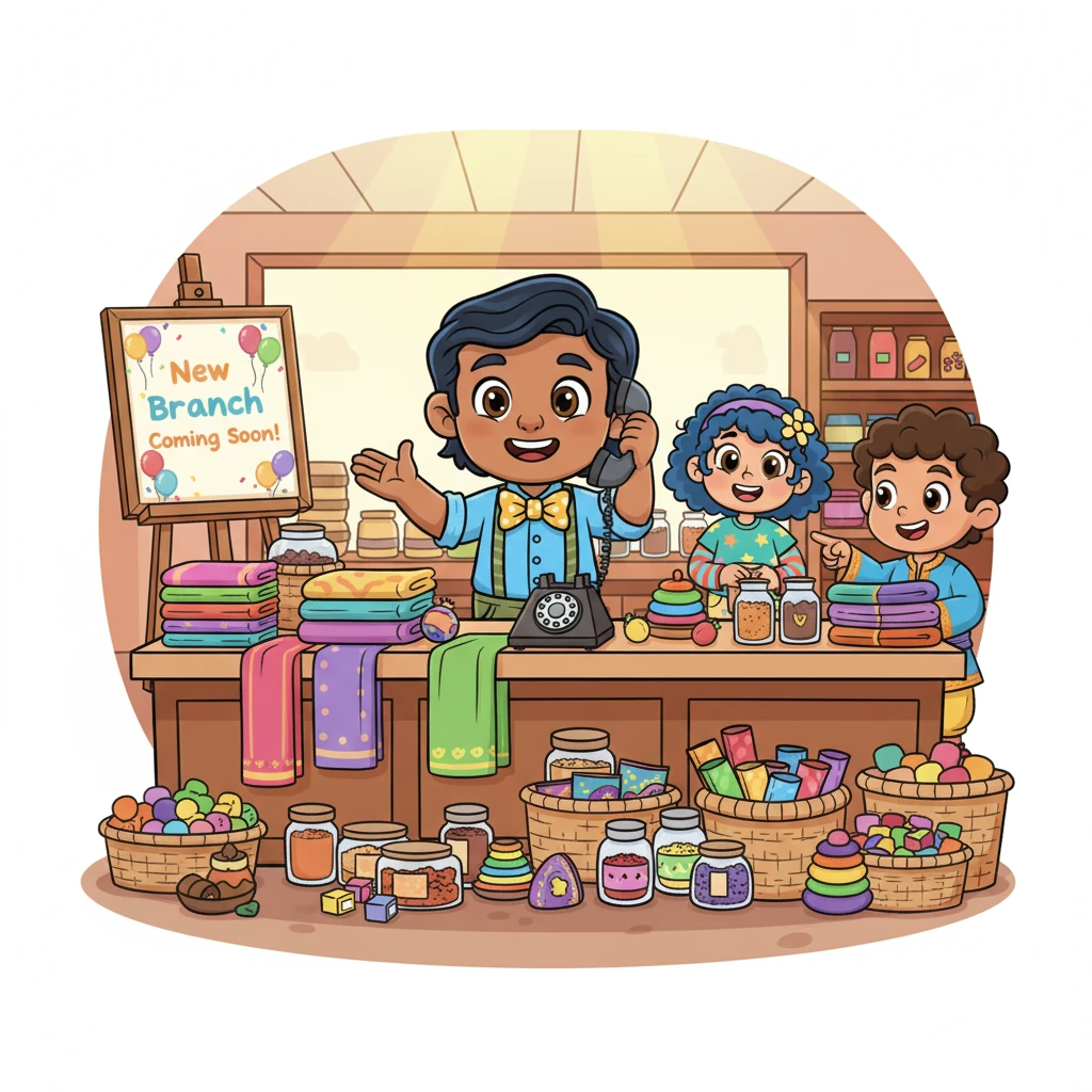 Raju's shop is now bustling with more customers than ever before, and he’s even expanded his product range. He happily orders goods from distant states with ease, thanks to uniform taxes. In the background, a small "New Branch Coming Soon!" sign hints at his growing success and prosperity.