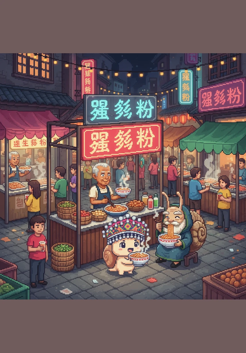 在柳州繁华的谷埠街夜市，戴着精致壮族头饰的小螺蛳螺螺正开心地抱着一碗热腾腾的螺蛳粉。背景中，远处的青竹与碧绿的柳江水交织，暖黄色的灯火映照着充满民族风情的标题，展现出浓郁的广西韵味。