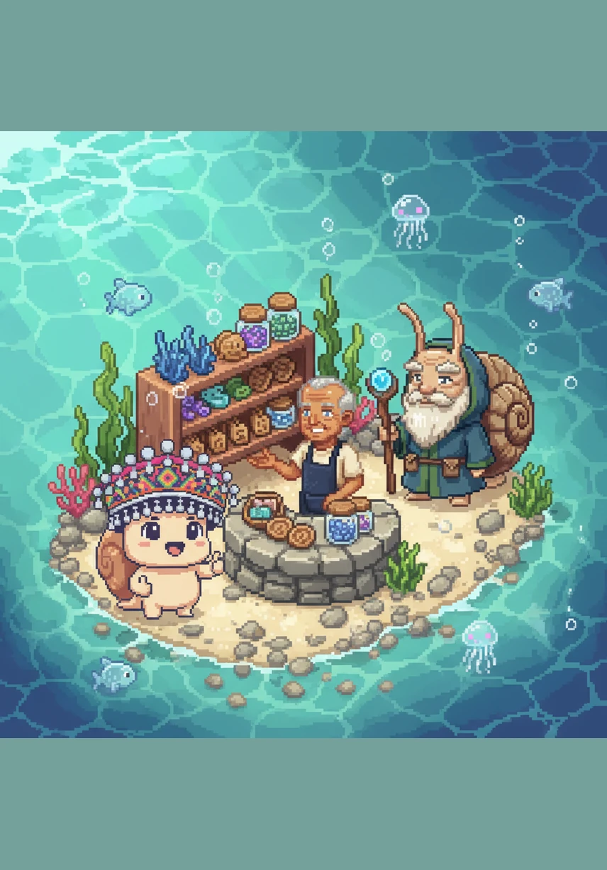 清澈的柳江水下，五彩斑斓的小鱼穿梭其间，好奇的小螺蛳螺螺正从江底向上眺望。它身边点缀着各种地道食材的卡通插画，清新柔和的色调仿佛在邀请每一位读者开启这场关于味蕾与文化的奇妙旅程。