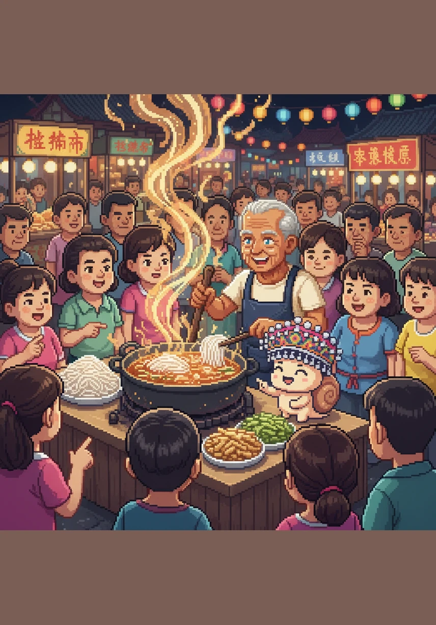 夜市里的张爷爷正为煮完螺蛳后的鲜汤发愁，聪明的螺螺提议用这锅浓汤来煮米粉。当洁白的米粉遇上浓郁的螺蛳汤，再加入酸笋和腐竹，一种前所未有的独特香味瞬间惊艳了整个夜市。