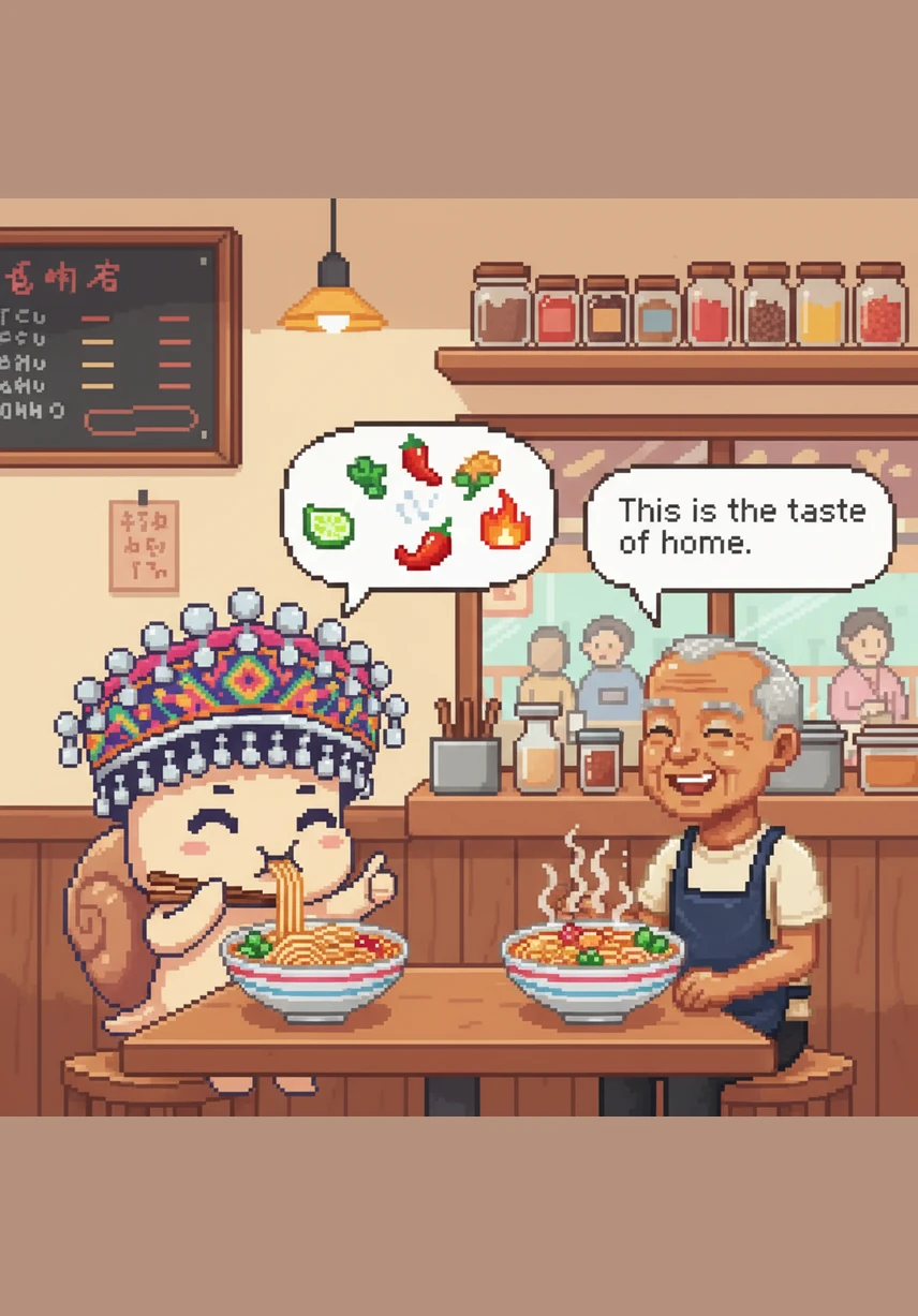 酸、辣、鲜、爽、烫，五种味道在舌尖上欢快地跳舞，螺螺大口嗦着粉，脸上露出了无比满足的笑容。张爷爷笑着告诉它，这就是家乡的味道，是每一个广西人心中最温暖的记忆。