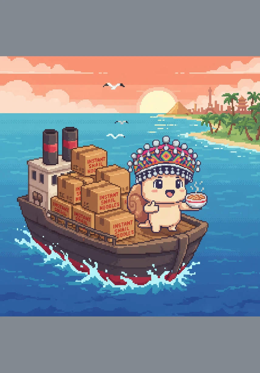 随着袋装螺蛳粉的诞生，这份美味跨越了千山万水，出现在世界各地的餐桌上。螺螺跟着快递包裹远行，看着人们吃粉时露出的开心模样，为家乡的美食能走向世界而倍感骄傲。