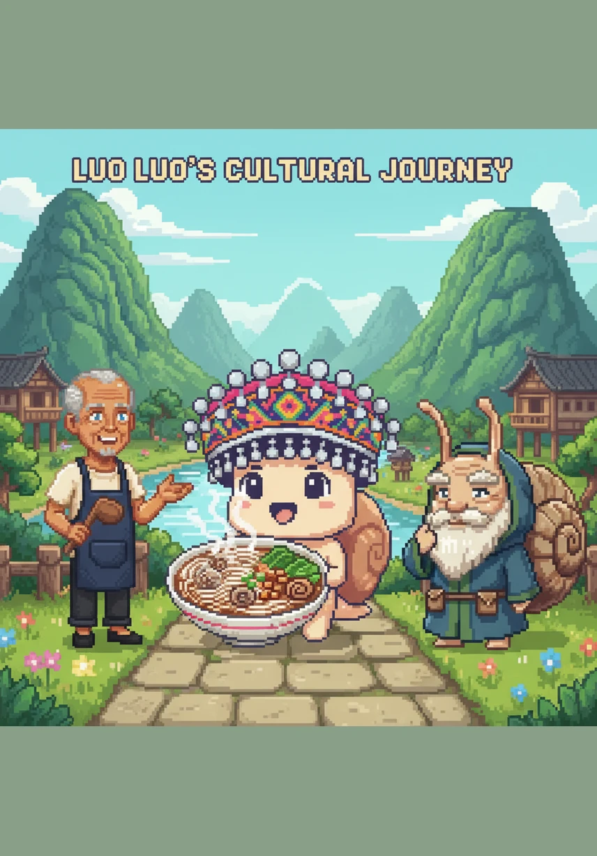 螺螺立志要成为一名文化小使者，它走遍广西的山山水水，向每个人讲述螺蛳粉背后的奋斗与传承。它希望这碗充满烟火气的粉，能成为连接世界与广西的桥梁，让非遗文化在岁月中永续流传。