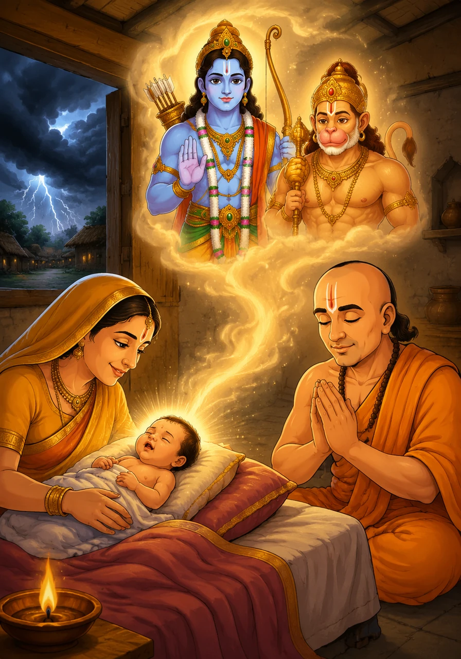 Under a swirling, tempestuous sky in an ancient village, a child is born not to a life of ease, but to a divine purpose. As the first breath leaves his lungs, the soft vibration of the name Ram echoes through the room, signaling the arrival of a soul chosen by the heavens.