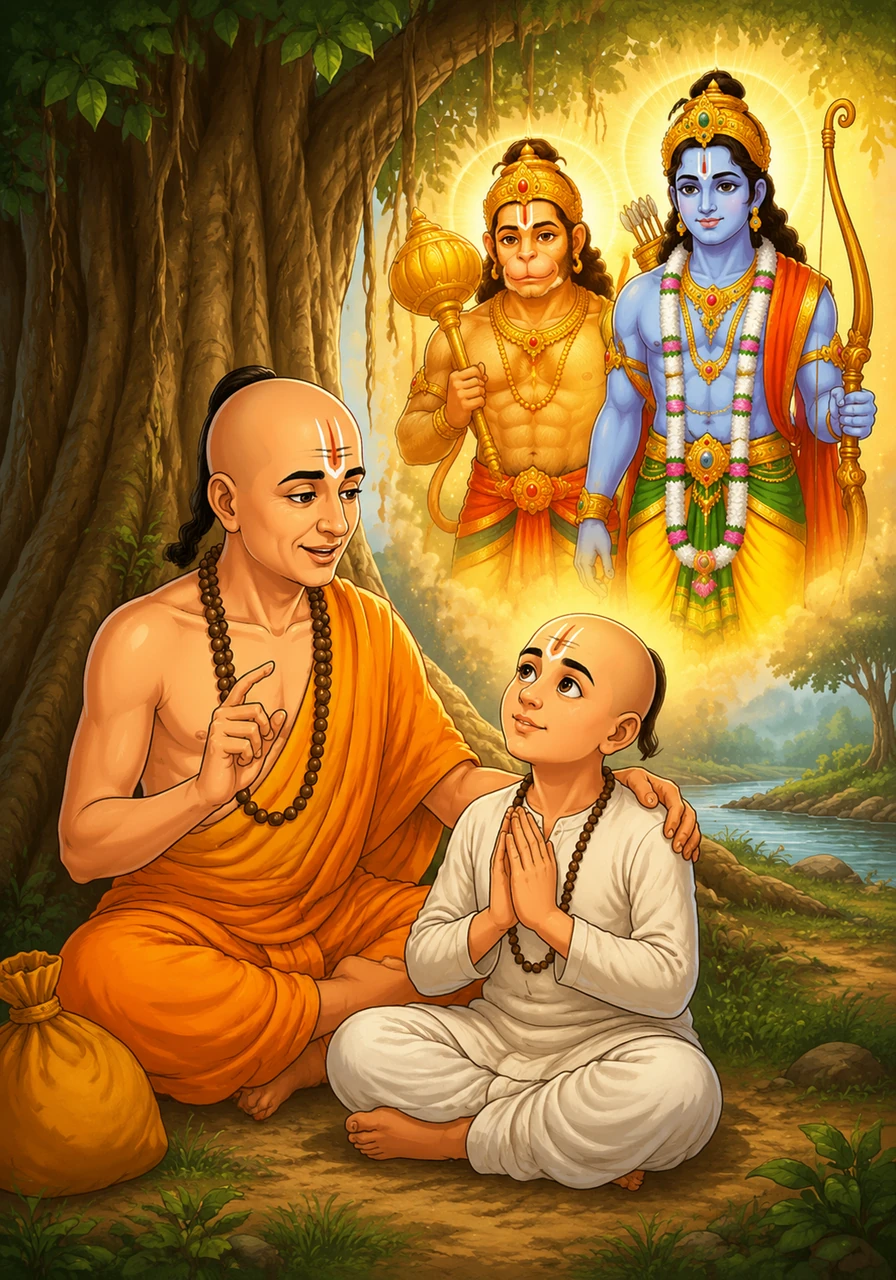 Beneath the sprawling branches of a sacred tree, the venerable Guru Narharidas places a steadying hand on the boy’s shoulder. In this moment of grace, the darkness of loneliness begins to fade as the Guru whispers the ancient stories of the Lord, igniting a flicker of eternal devotion.