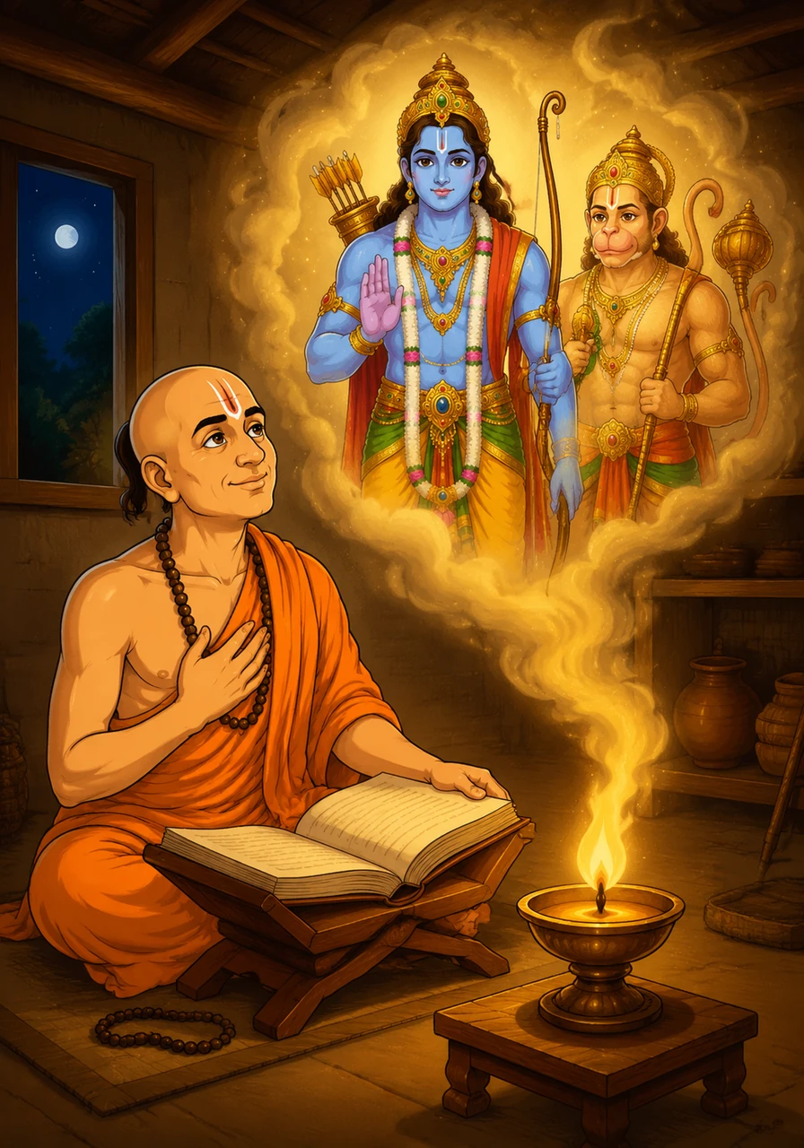 Deep within the quiet sanctuary of the ashram, Rambola spends his nights by the flickering glow of a single oil lamp, lost in the sacred verses of the Ramayana. In the dancing flame, he sees the golden reflection of Lord Ram, a vision that begins to consume his every thought and heartbeat.